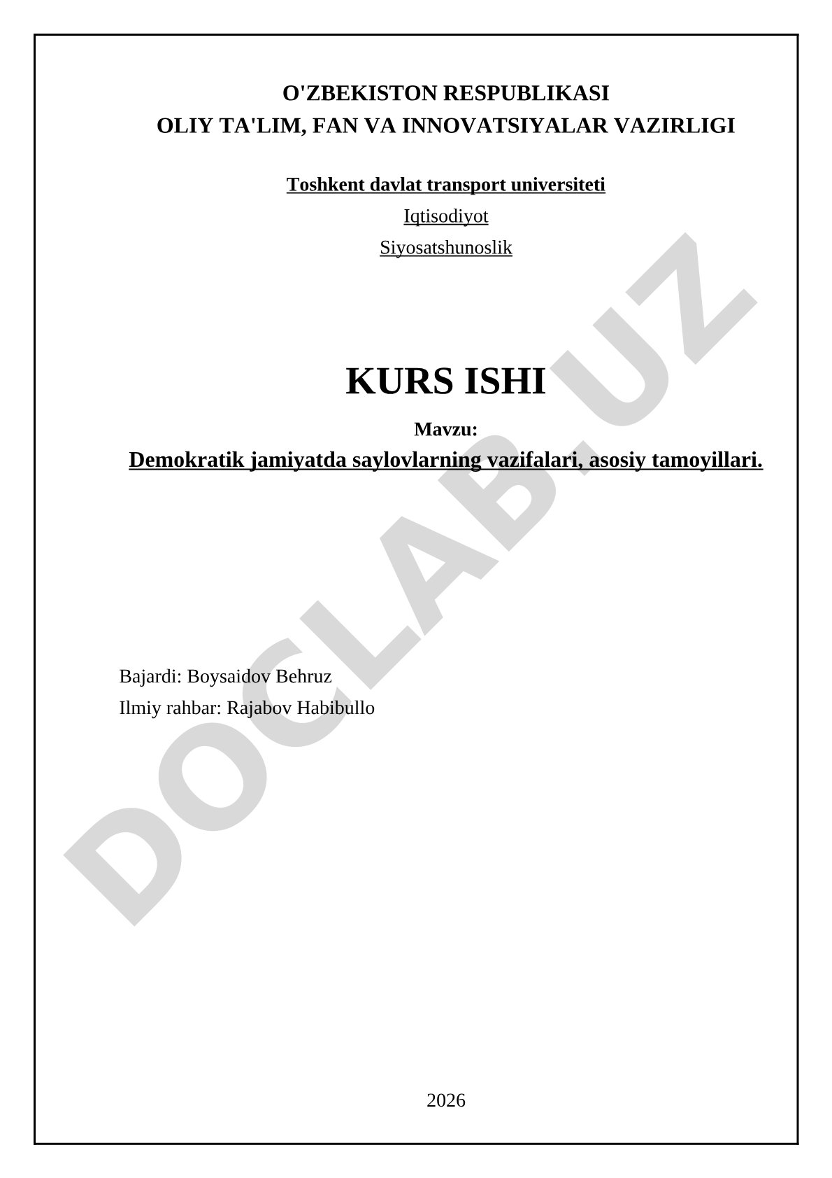 Demokratik jamiyatda saylovlarning vazifalari, asosiy tamoyillari