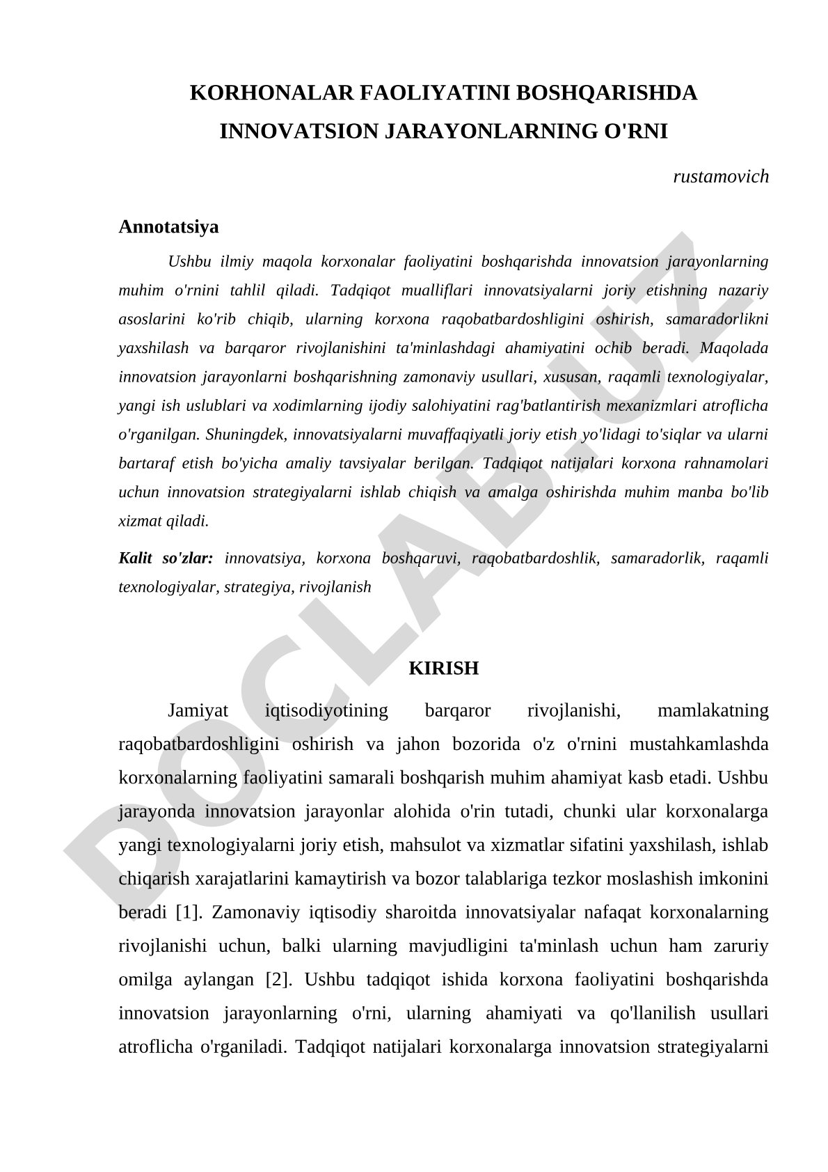 Korxonalar faoliyatini boshqarishda innovatsion jarayonlarning o'rni