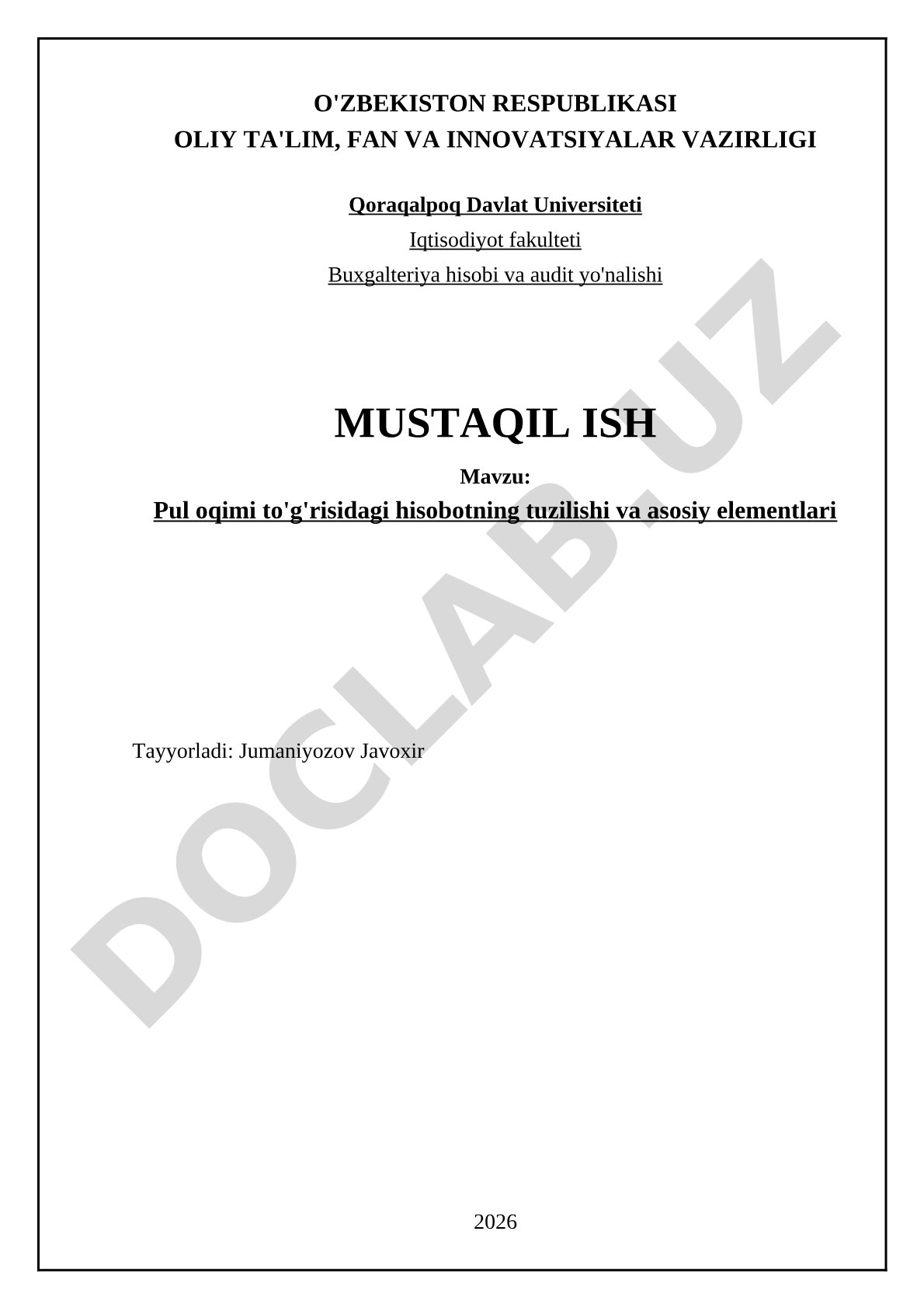 Pul oqimi to'g'risidagi hisobotning tuzilishi va asosiy elementlari