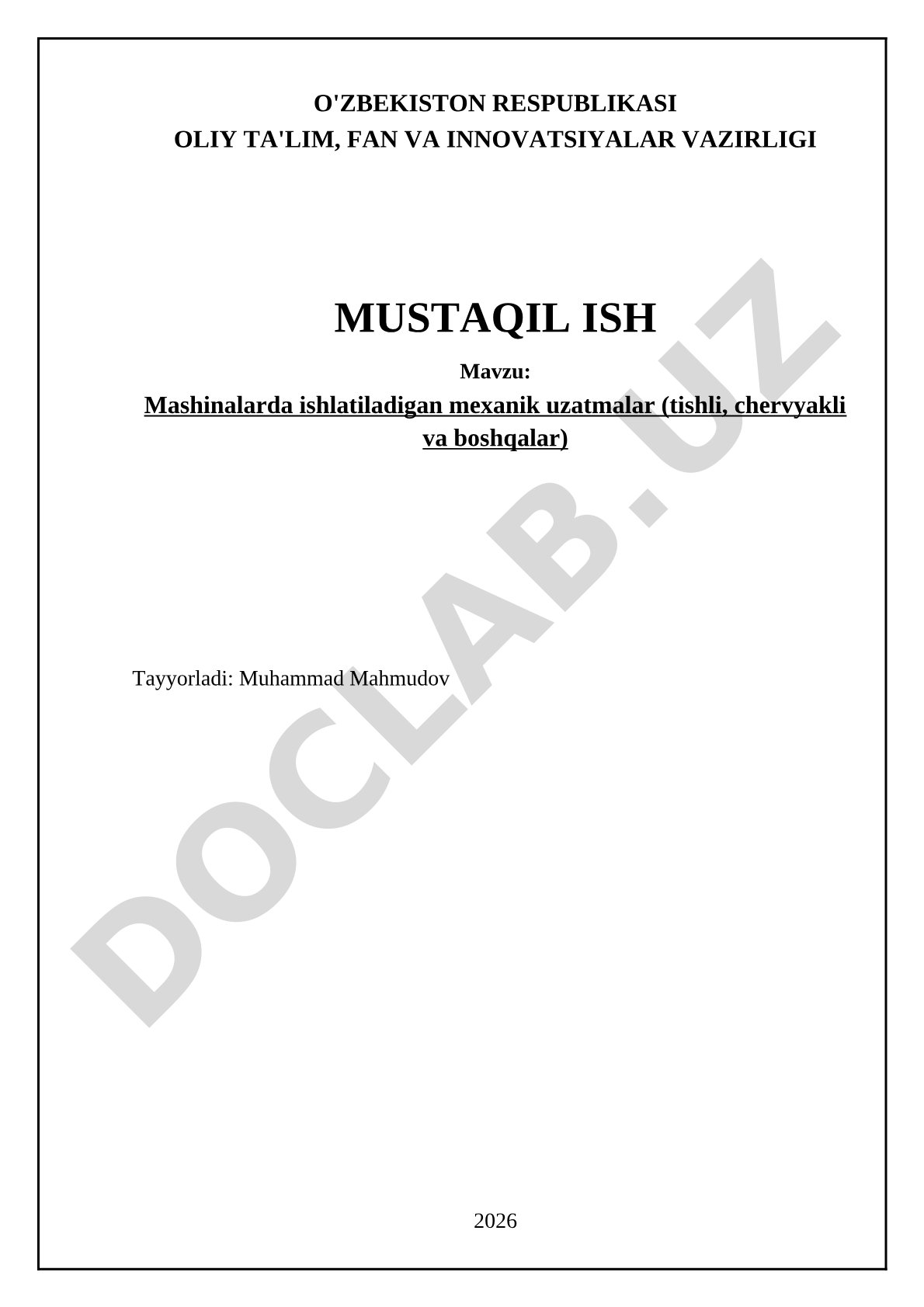 Mashinalarda ishlatiladigan mexanik uzatmalar (tishli, chervyakli va boshqalar)
