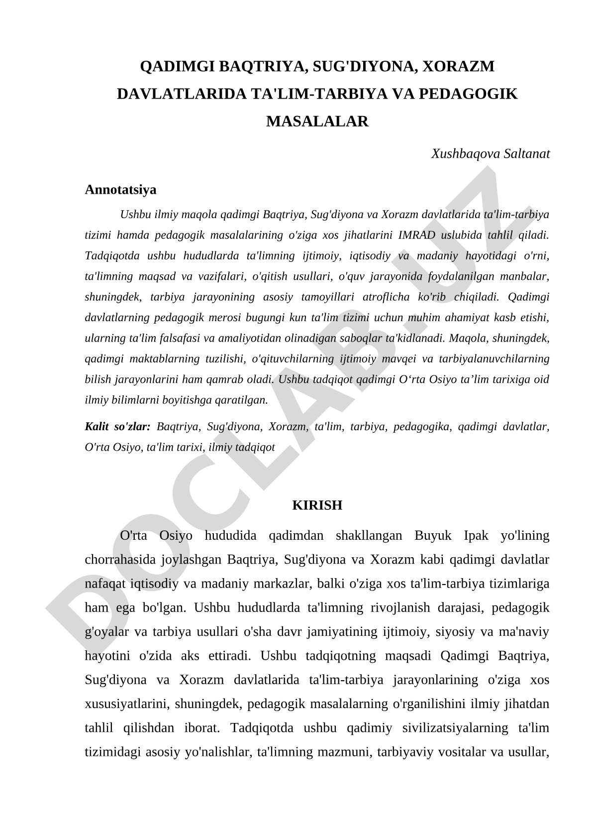 Qadimgi Baqtriya, Sug'diyona, Xorazm davlatlarida ta'lim-tarbiya va pedagogik masalalar