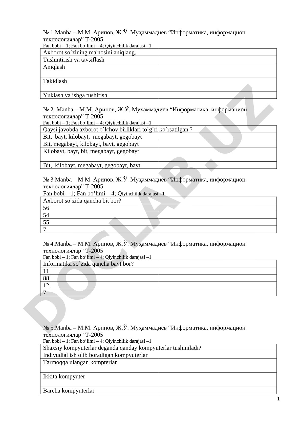 Informatika va axborot texnologiyalari fanidan test savollari