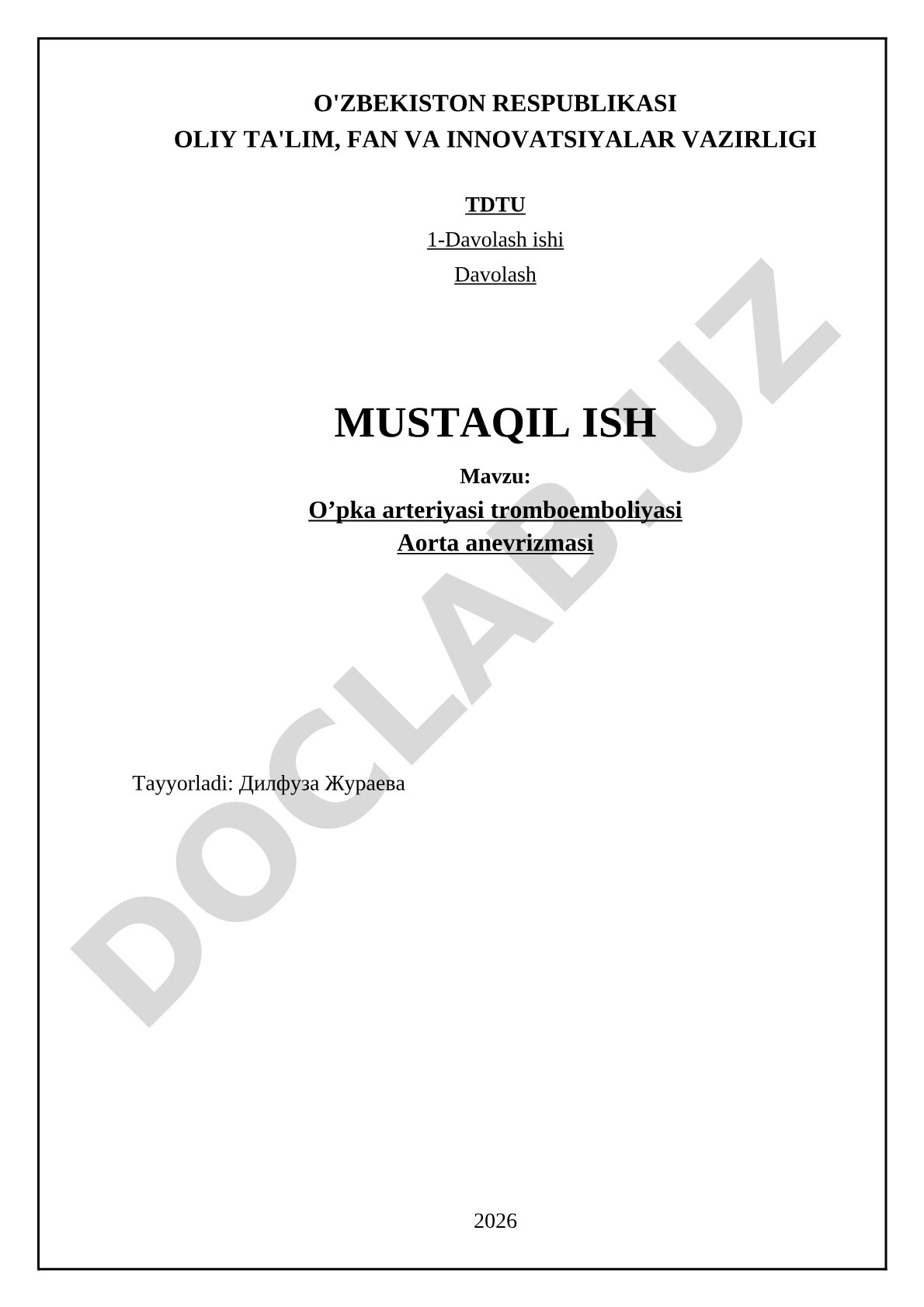 O'pka arteriyasi tromboemboliyasi va aorta anevrizmasi