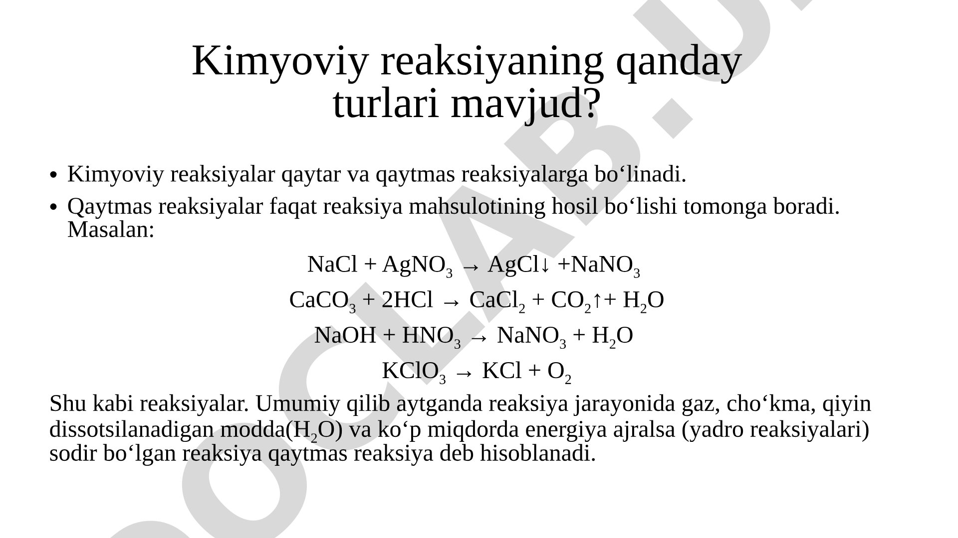 Kimyoviy reaksiyalar turlari va kimyoviy muvozanat