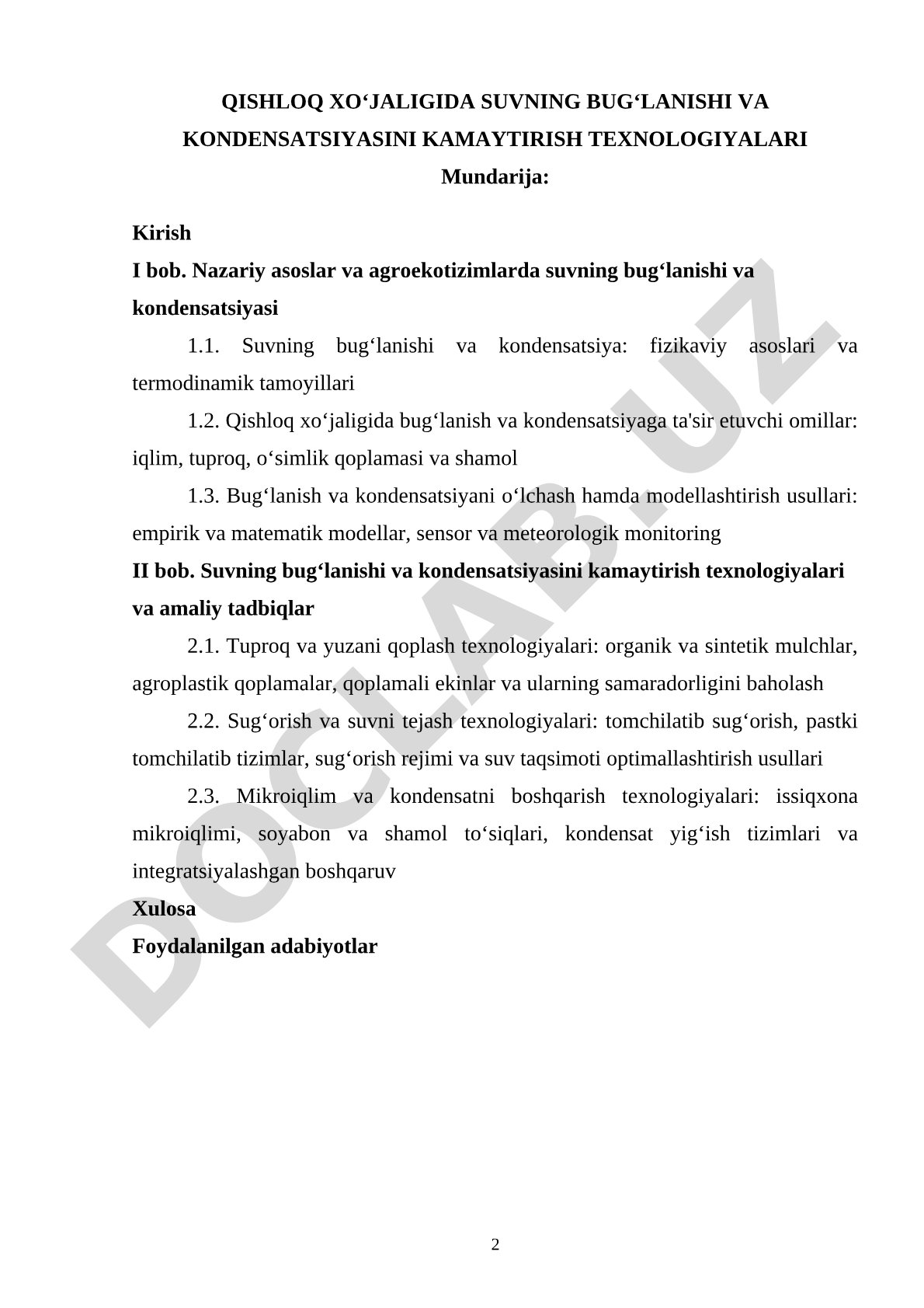 Qishloq xo‘jaligida suvning bug‘lanishi va kondensatsiyasini kamaytirish texnologiyalari