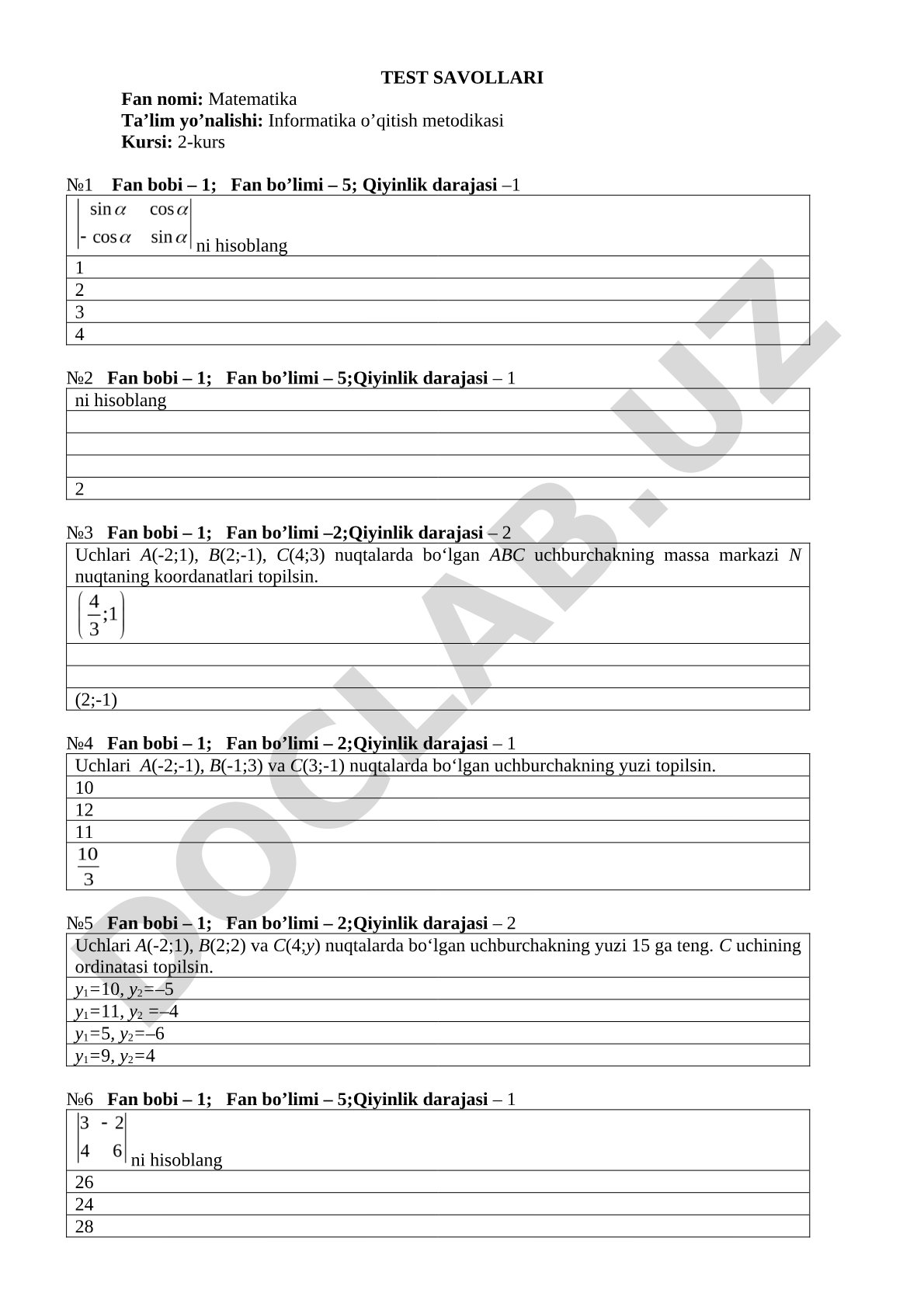 Matematika fanidan 2-kurs informatika yo'nalishi uchun test savollari