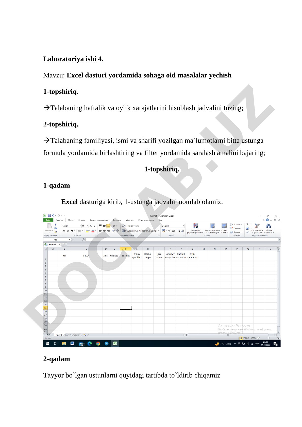 Excel dasturi yordamida sohaga oid masalalar yechish