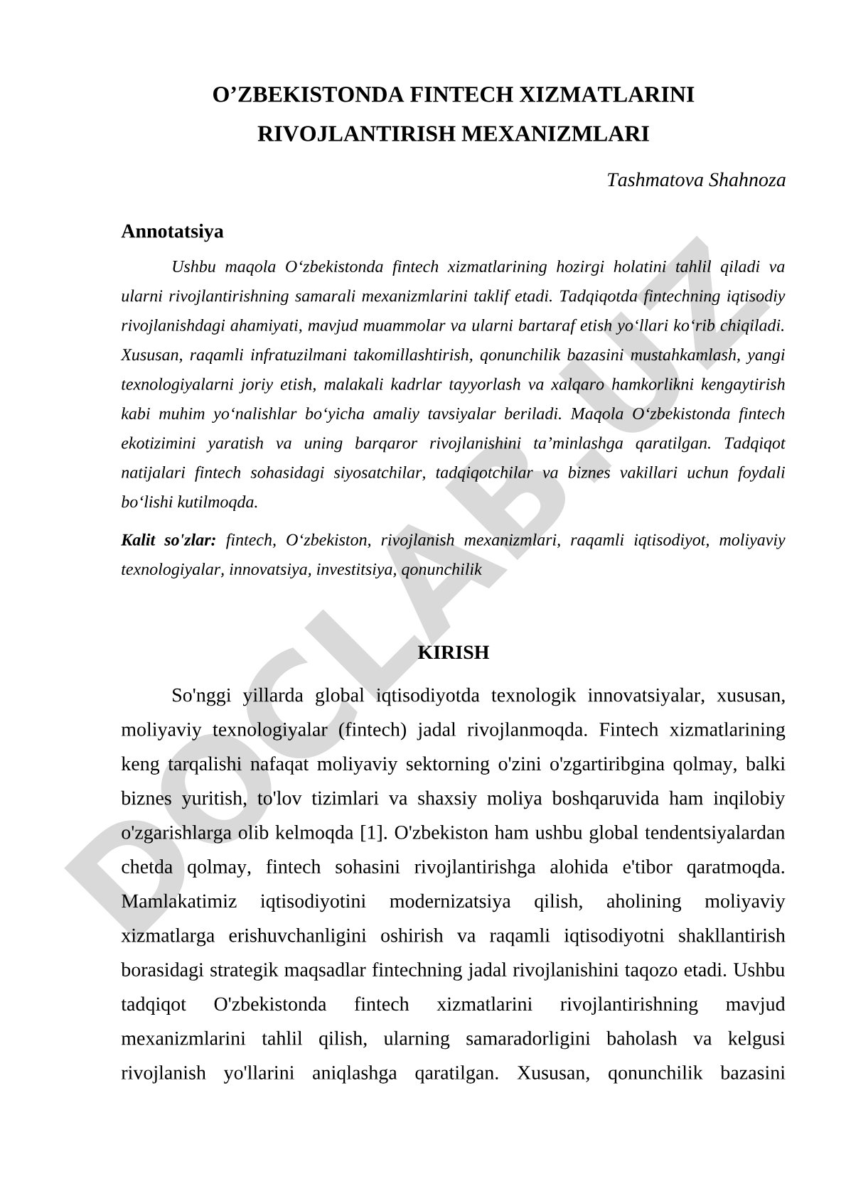 O‘zbekistonda fintech xizmatlarini rivojlantirish mexanizmlari