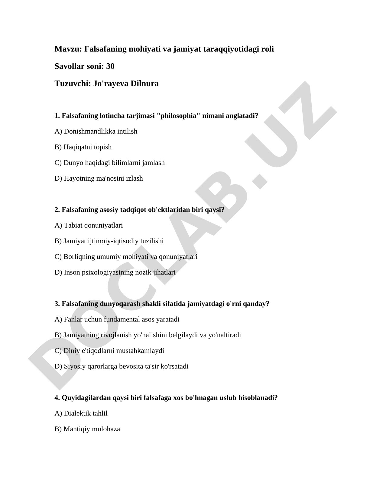 Falsafaning mohiyati va jamiyat taraqqiyotidagi roli