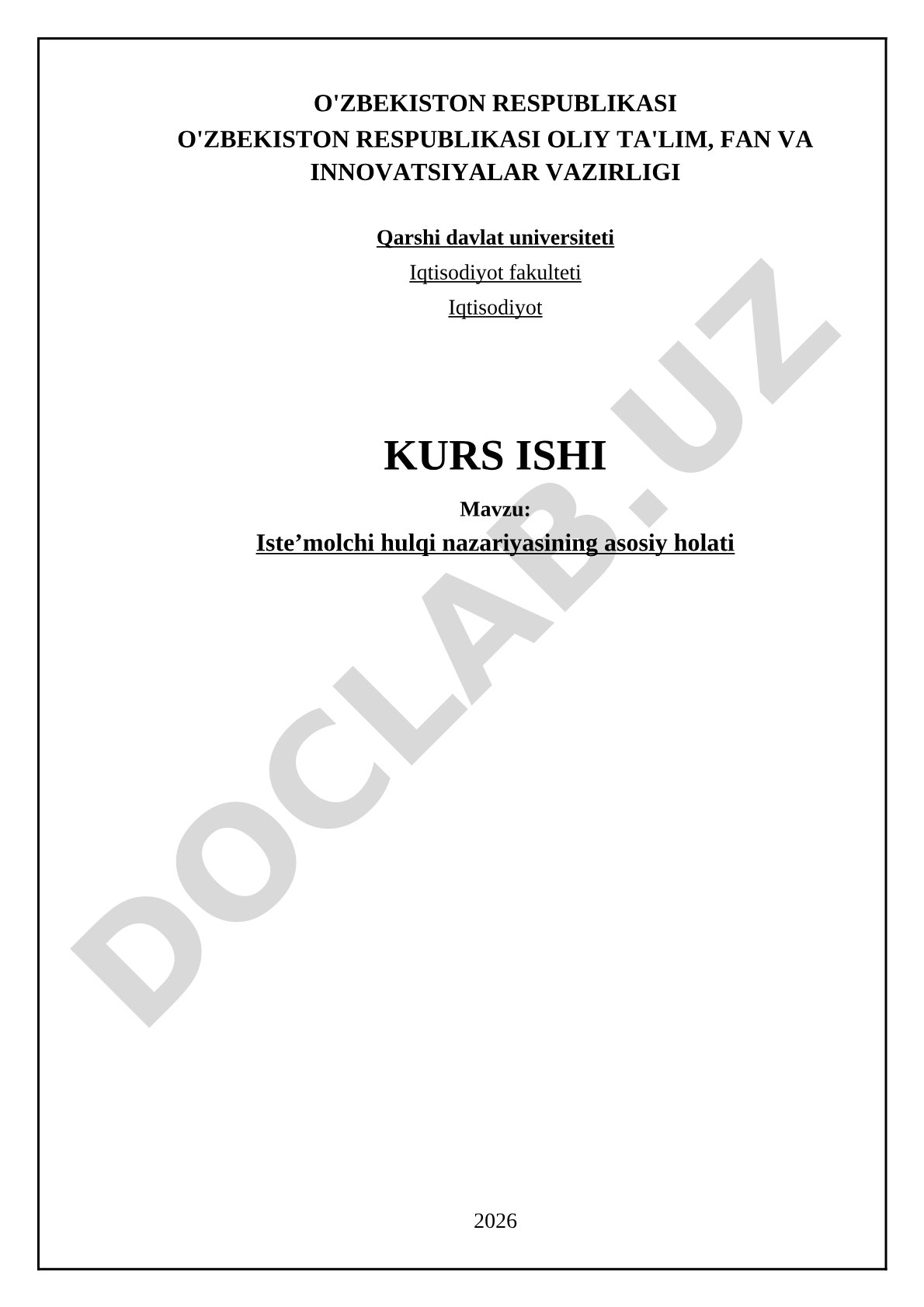 Iste'molchi hulqi nazariyasining asosiy holati