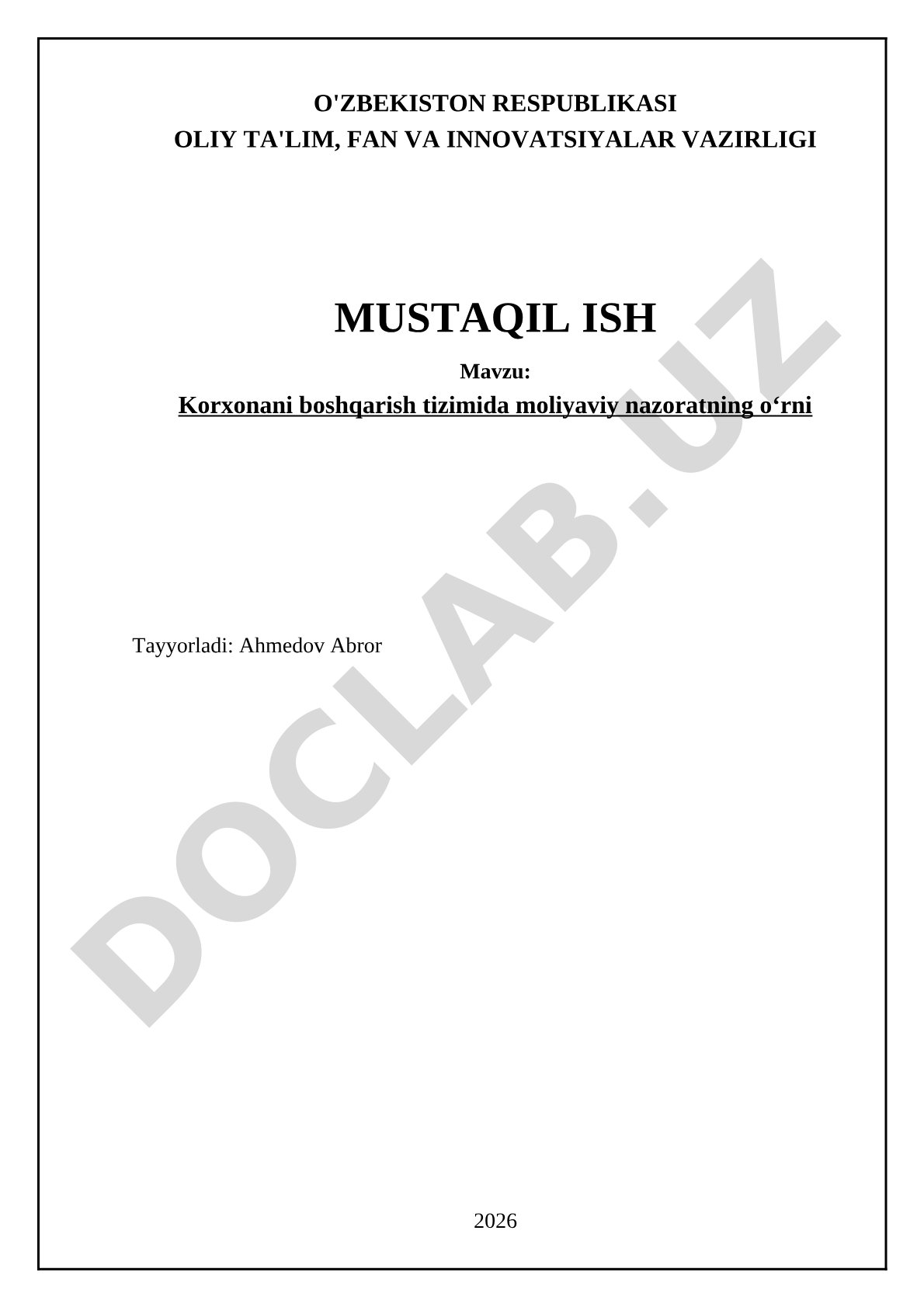 Korxonani boshqarish tizimida moliyaviy nazoratning o‘rni