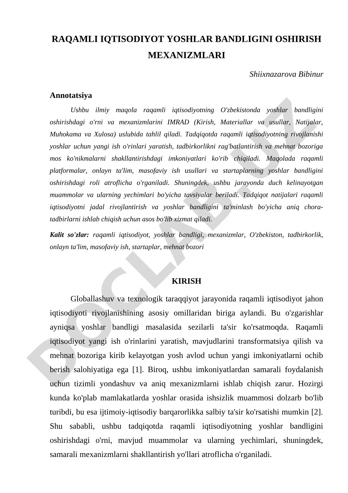 Raqamli iqtisodiyot yoshlar bandligini oshirish mexanizmlari