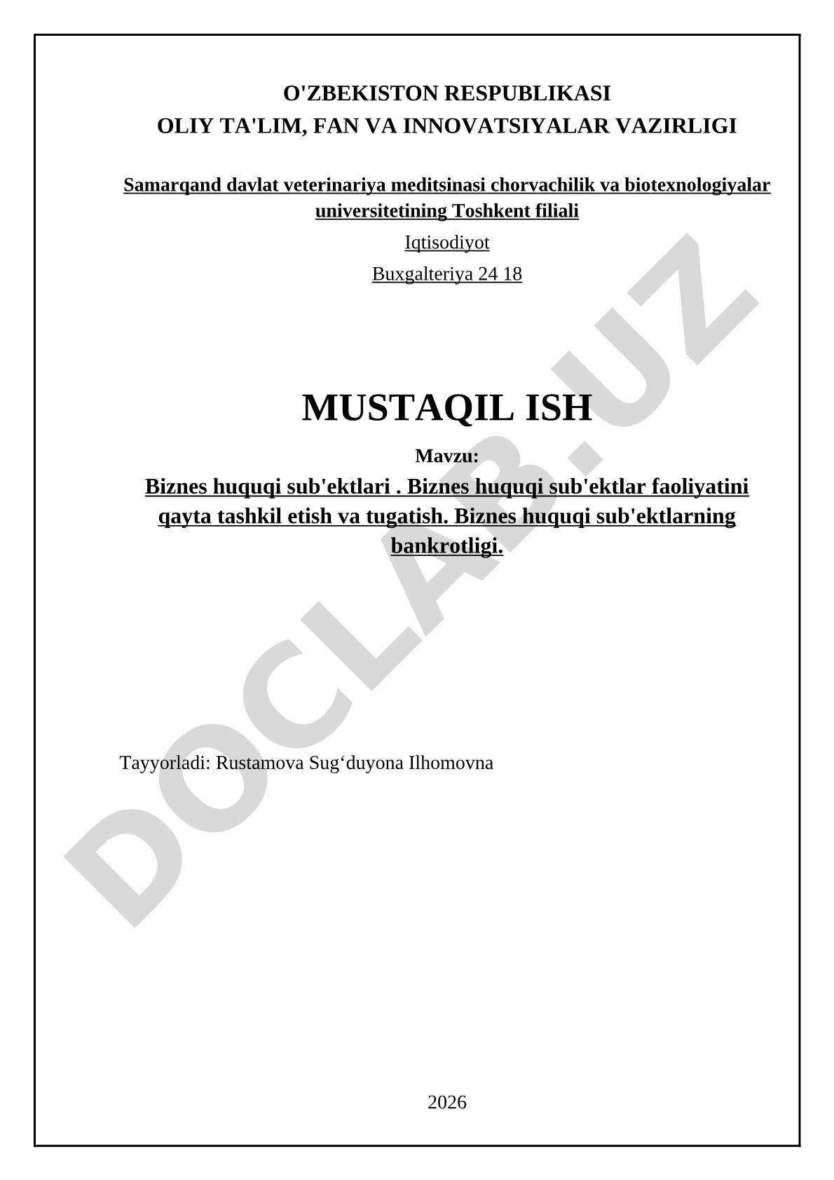 Biznes huquqi sub'ektlari faoliyatini qayta tashkil etish va tugatish, bankrotlik