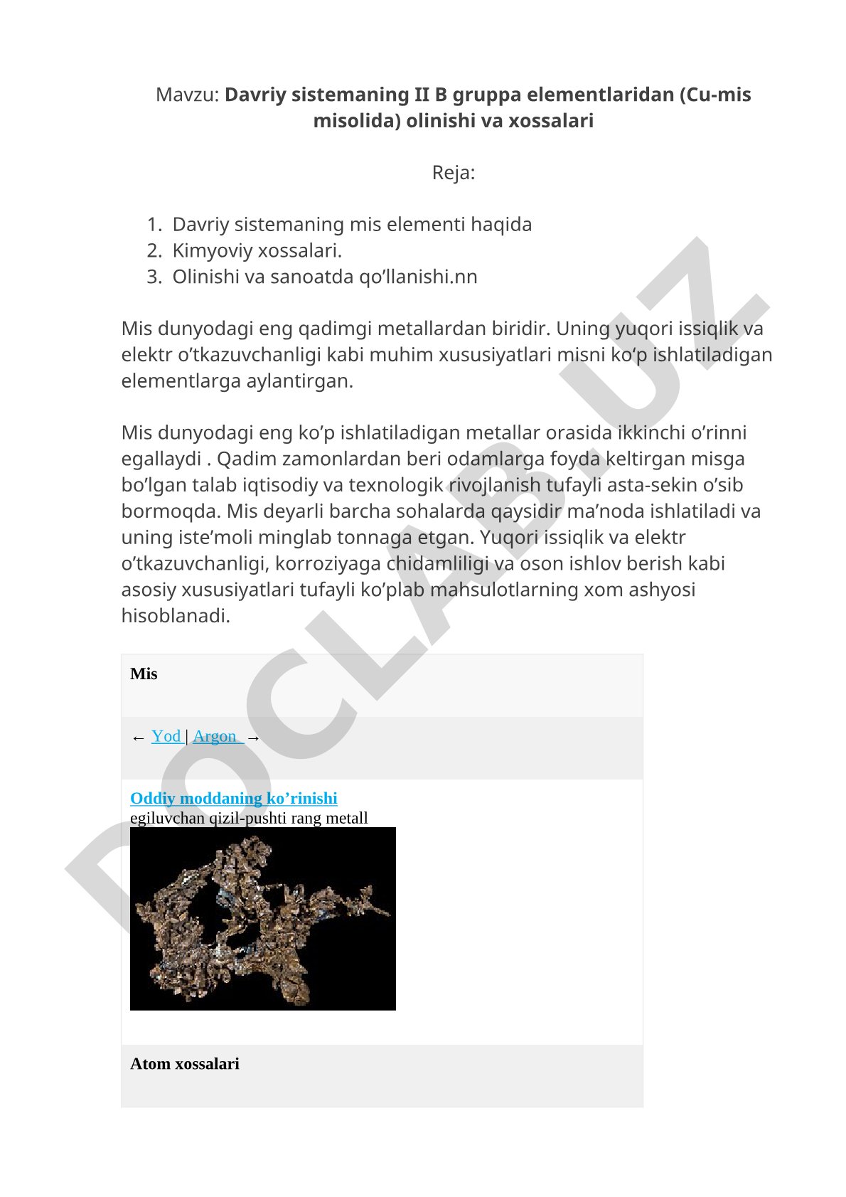 Davriy sistemaning II B gruppa elementlaridan (Cu-mis misolida) olinishi va xossalari