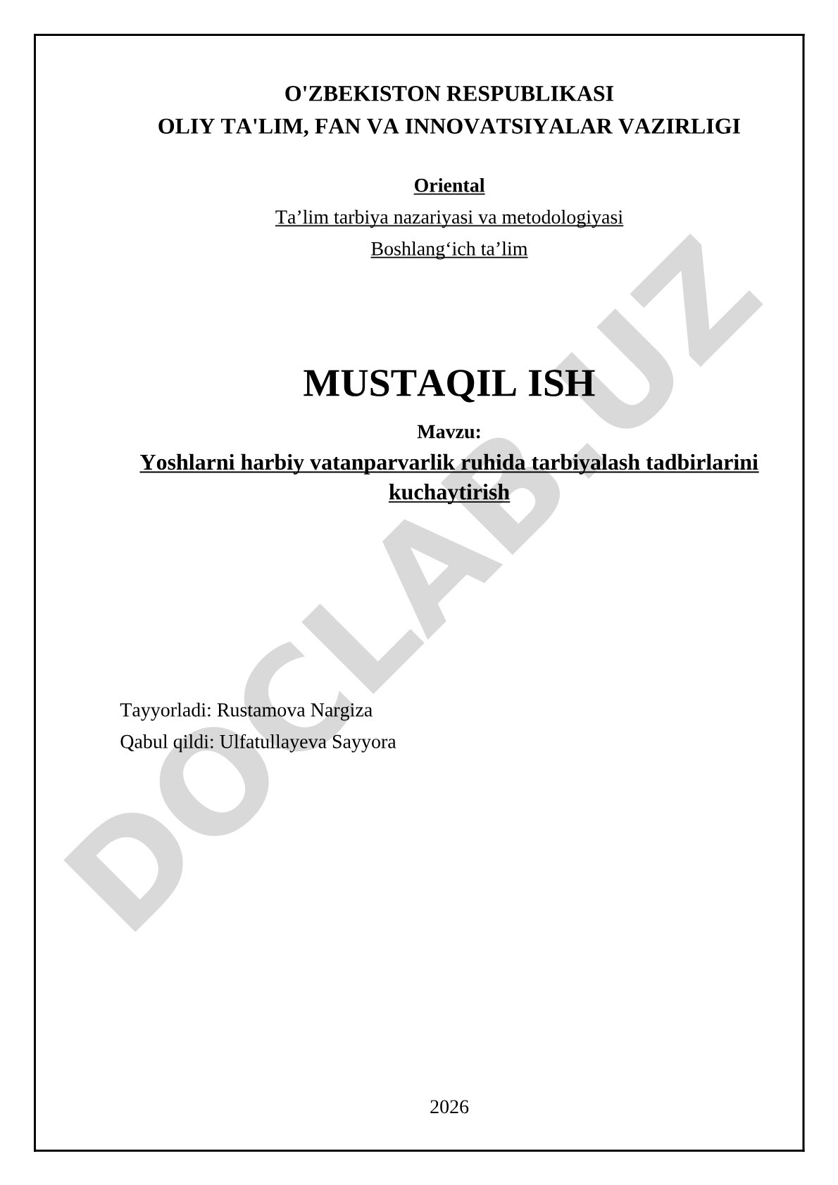Yoshlarni harbiy vatanparvarlik ruhida tarbiyalash tadbirlarini kuchaytirish