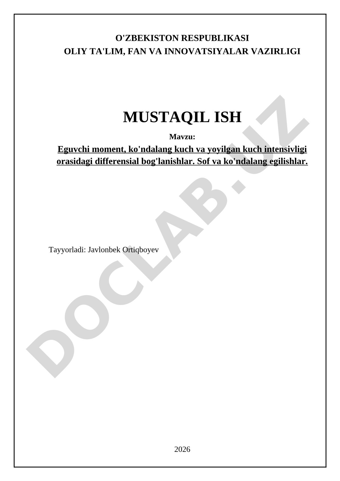 Eguvchi moment, ko'ndalang kuch va yoyilgan kuch intensivligi orasidagi differensial bog'lanishlar