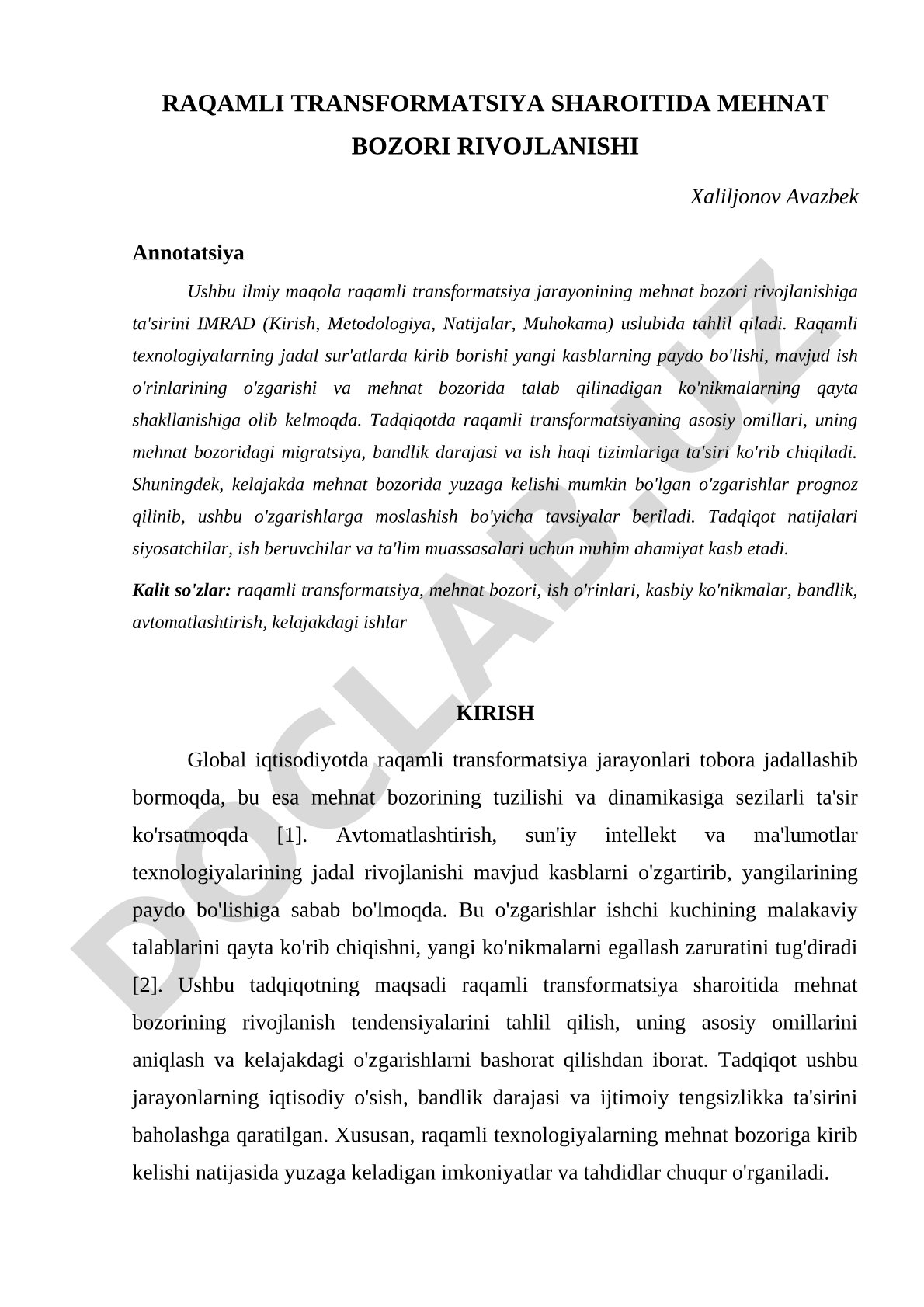 Raqamli transformatsiya sharoitida mehnat bozori rivojlanishi