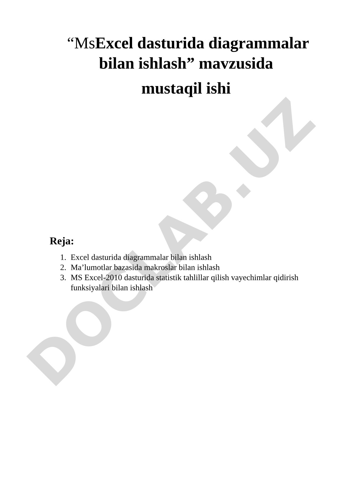 MsExcel dasturida diagrammalar bilan ishlash