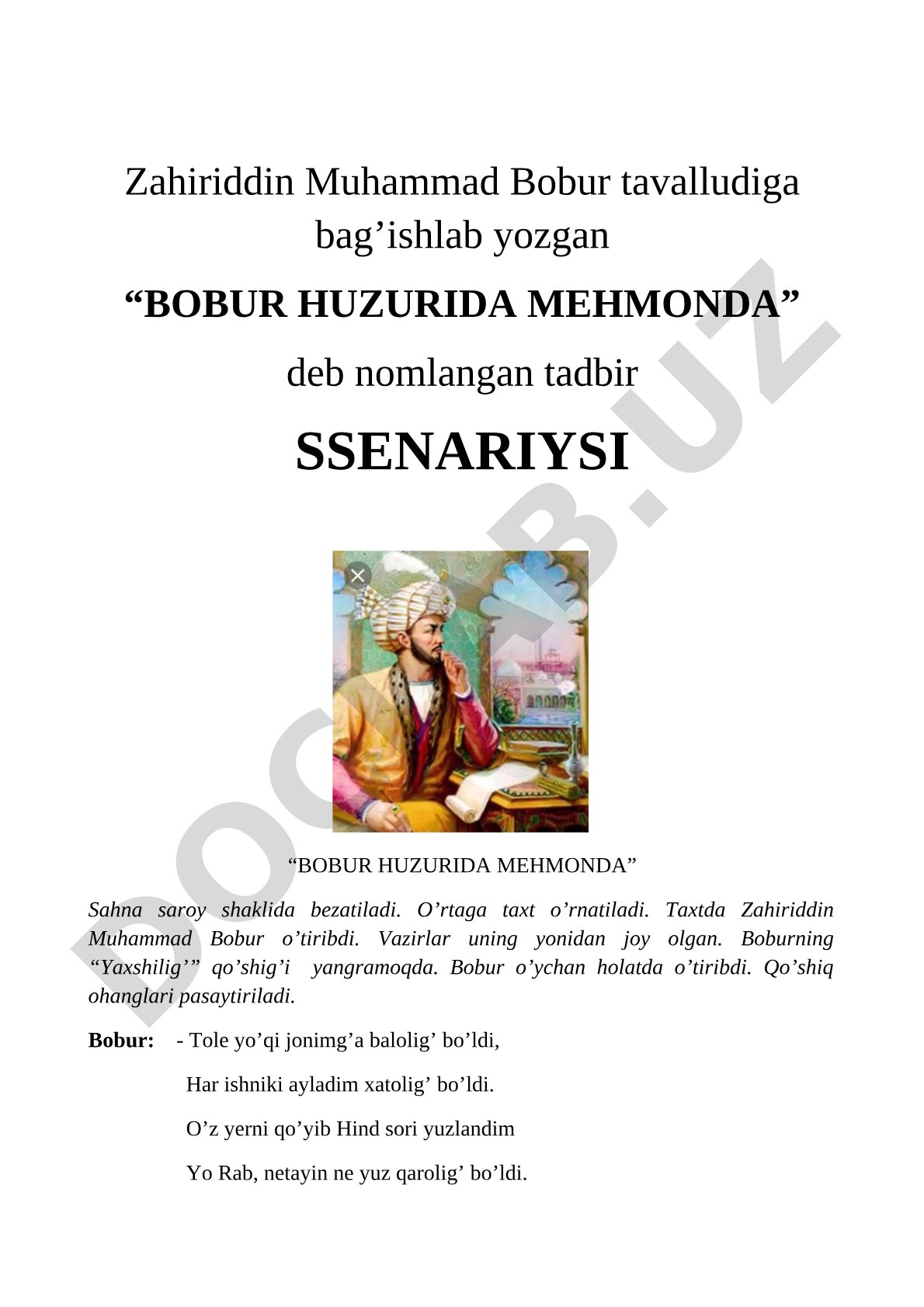Bobur huzurida andijonlik mehmonning qovun bilan tashrifi va suhbat tasvirlangan sahna