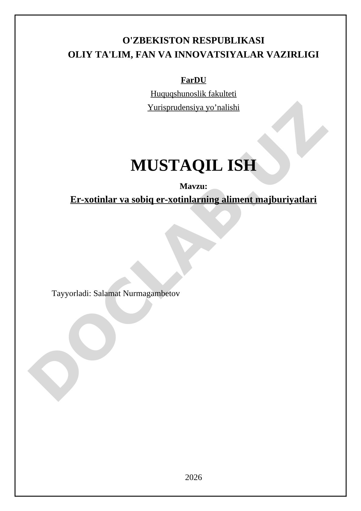 Er-xotinlar va sobiq er-xotinlarning aliment majburiyatlari