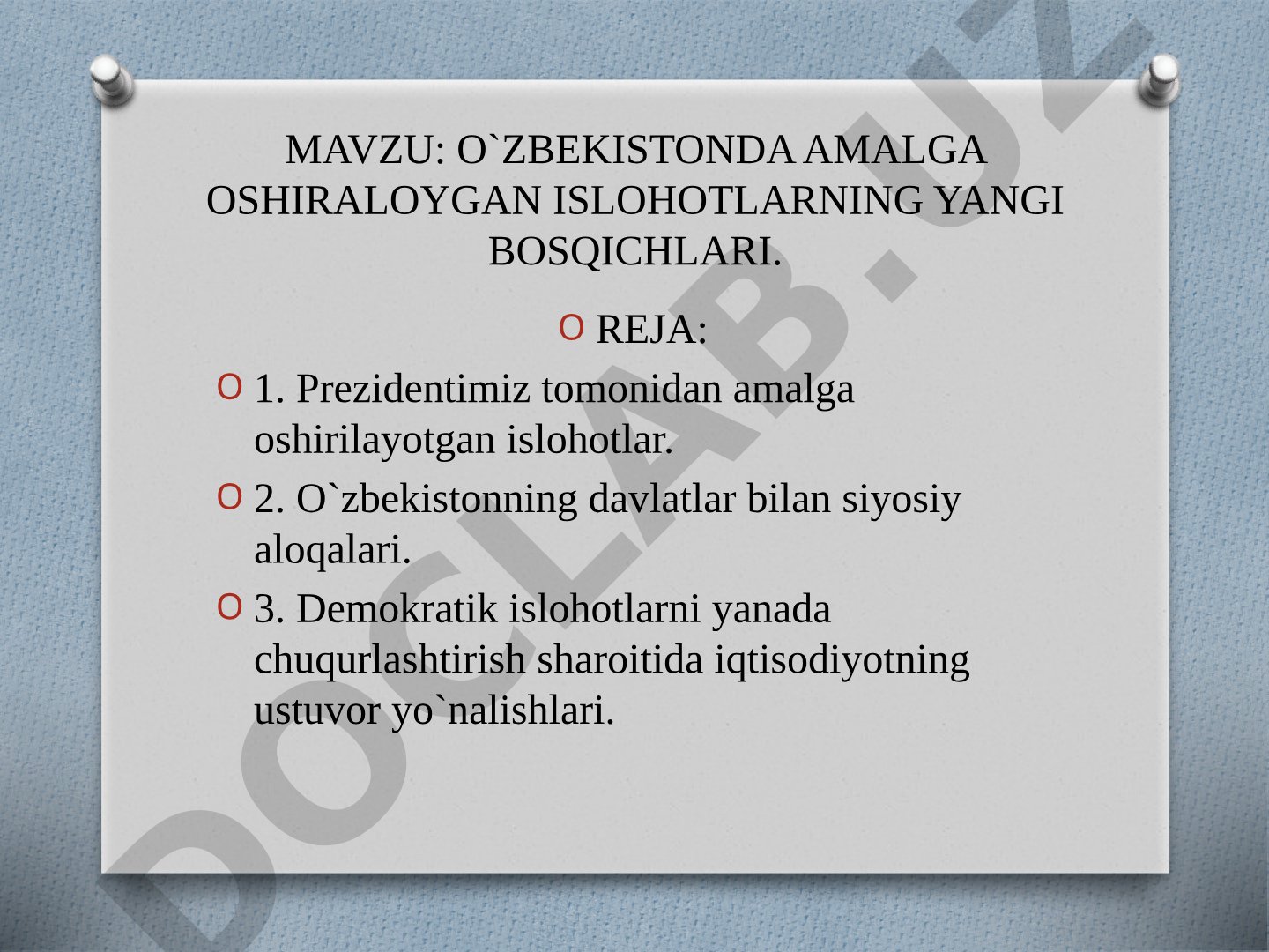 O`zbekistonda amalga oshiraloygan islohotlarning yangi bosqichlari