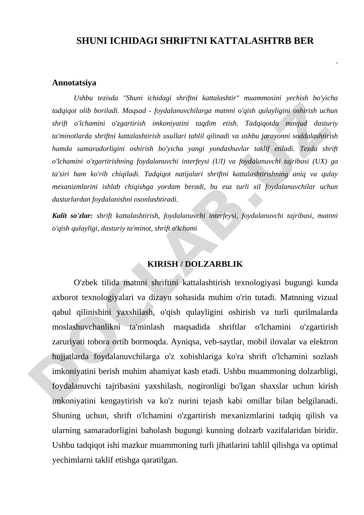 Shriftni kattalashtirish muammosini yechish bo'yicha tadqiqot
