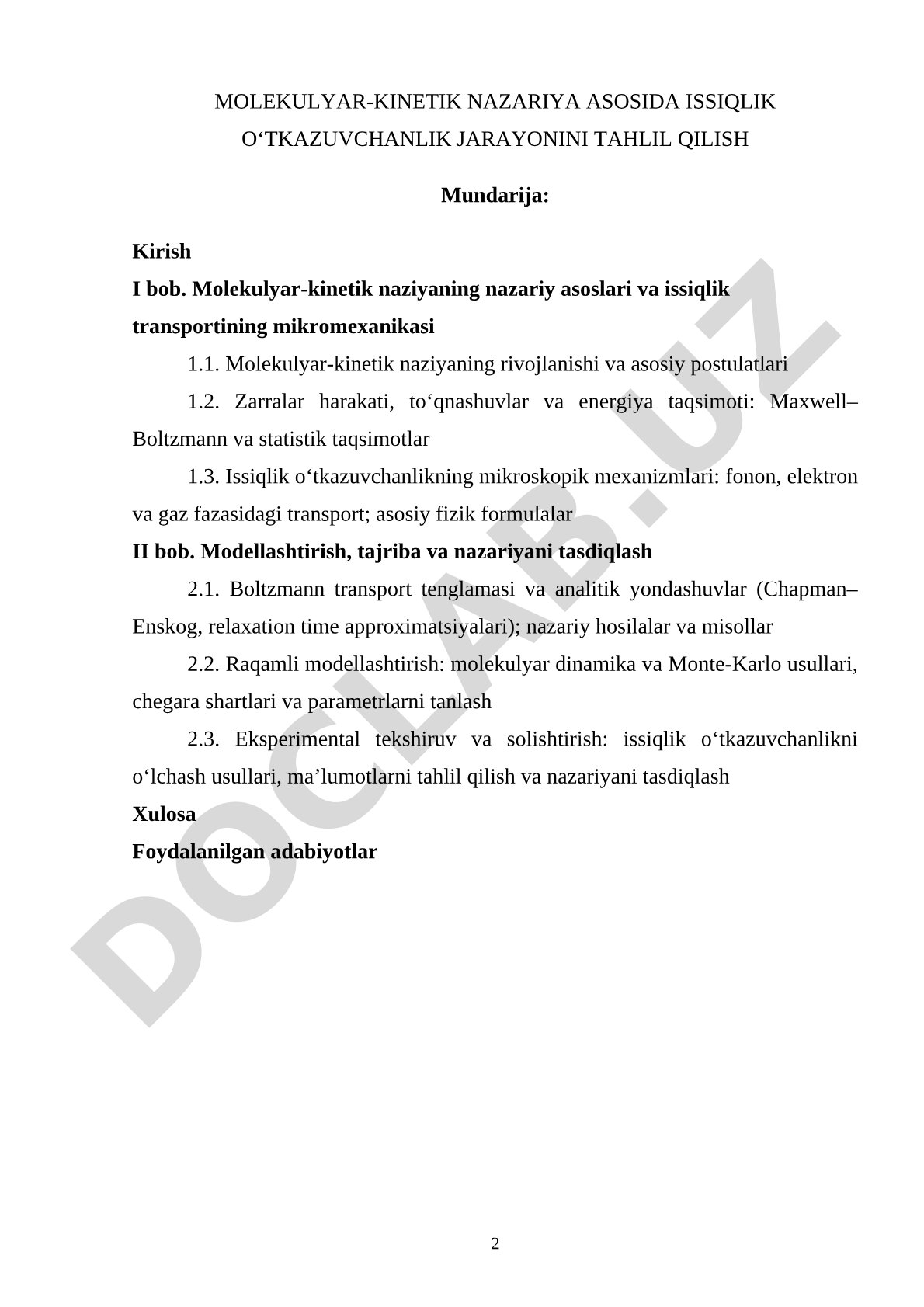 Molekulyar-kinetik nazariya asosida issiqlik o'tkazuvchanlik jarayonini tahlil qilish
