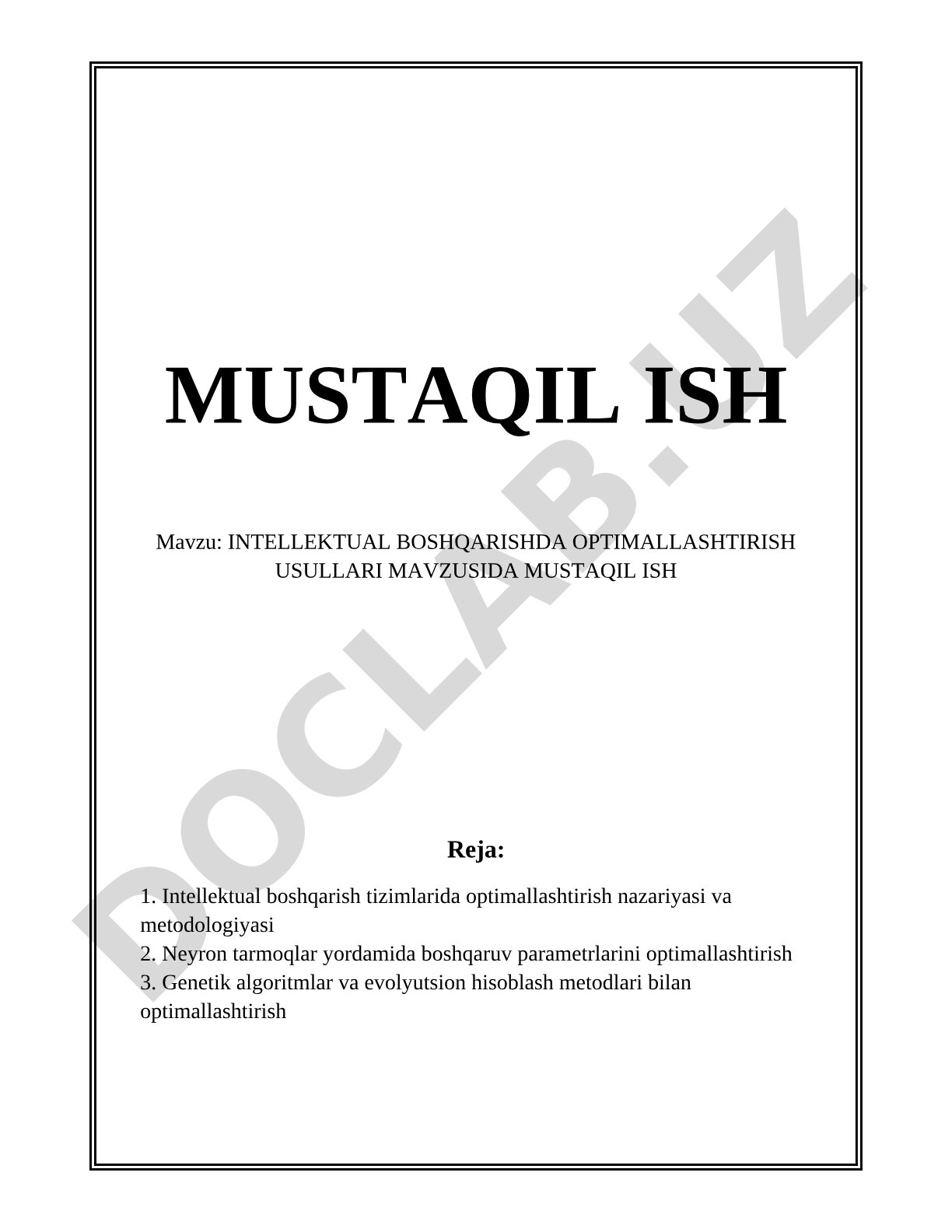 INTELLEKTUAL BOSHQARISHDA OPTIMALLASHTIRISH USULLARI