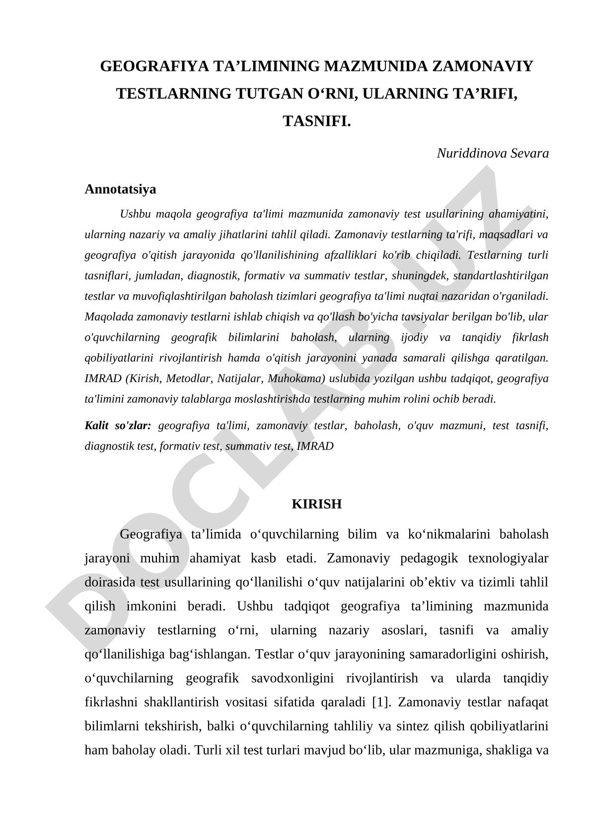Geografiya ta'limining mazmunida zamonaviy testlarning tutgan o'rni, ularning ta'rifi, tasnifi