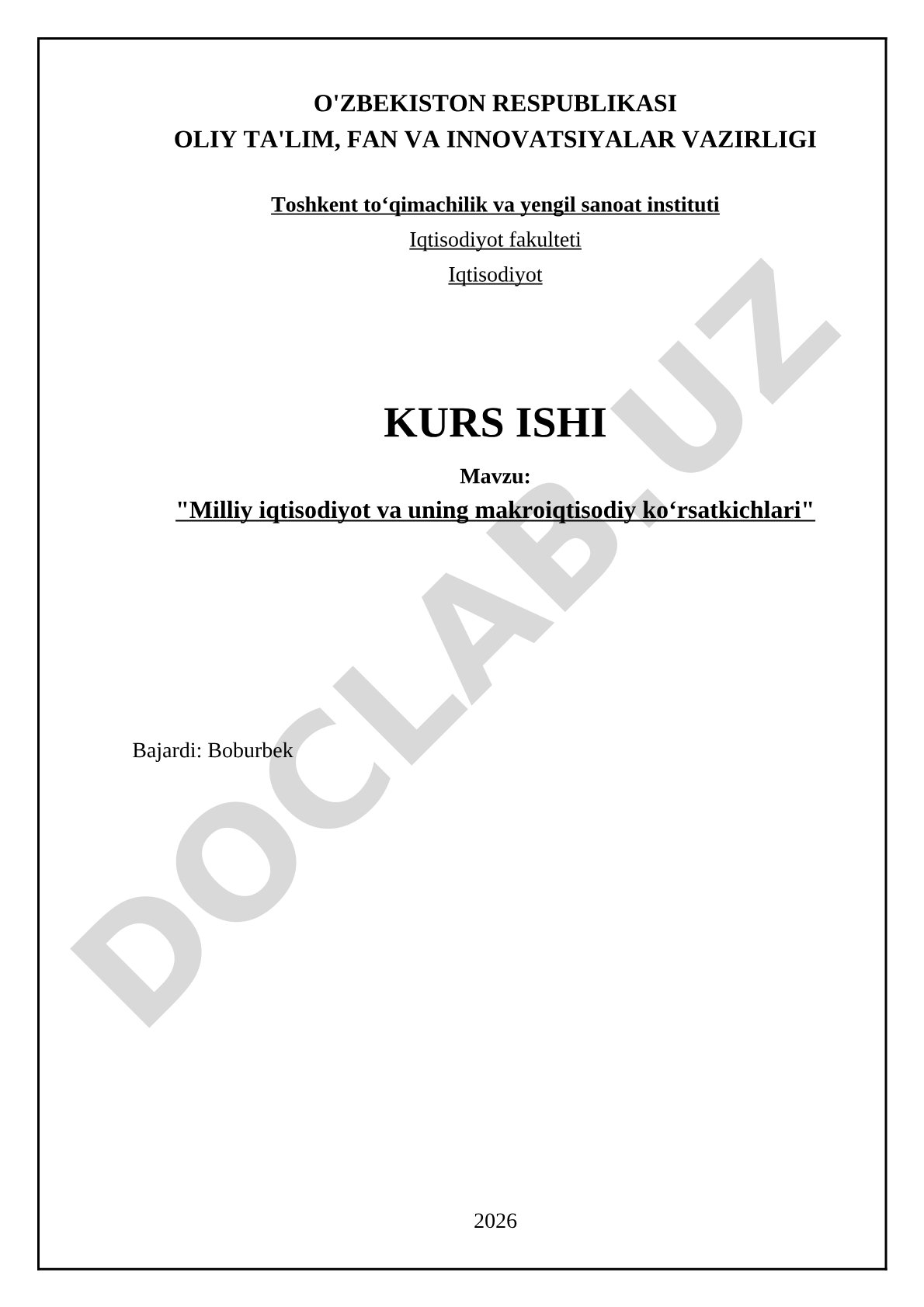Milliy iqtisodiyot va uning makroiqtisodiy ko‘rsatkichlari