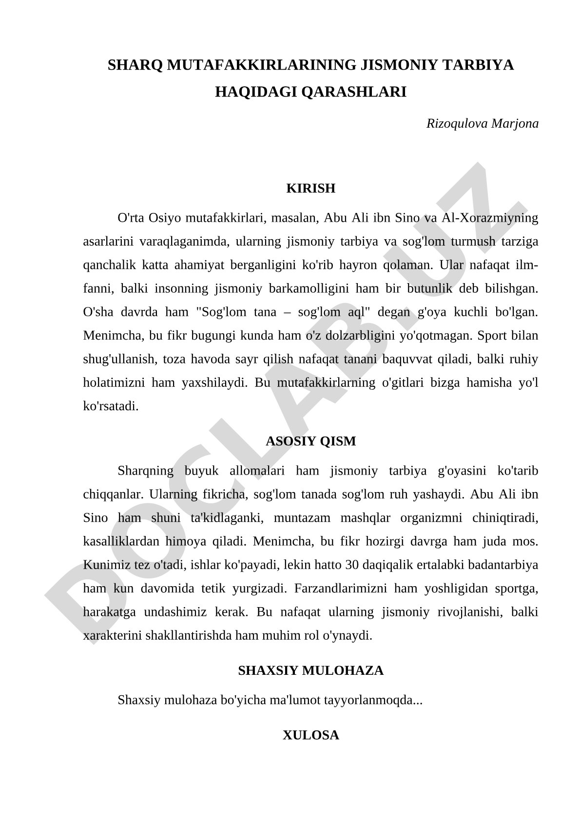 Sharq mutafakkirlarining jismoniy tarbiya haqidagi qarashlari