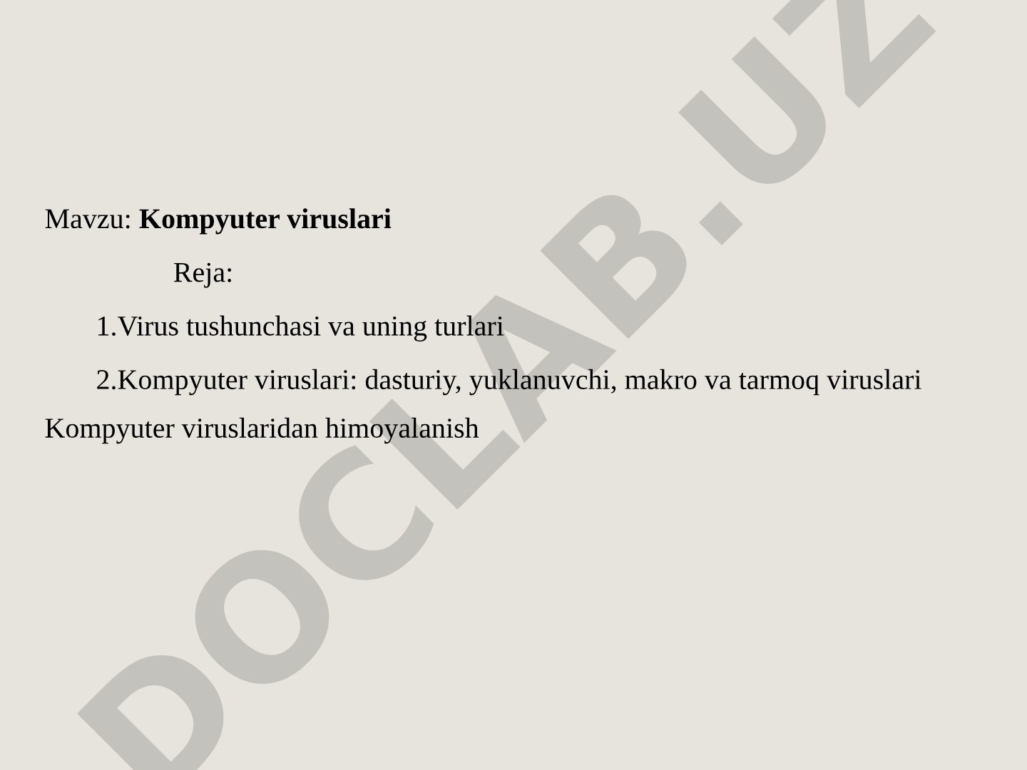 Kompyuter viruslari tushunchasi, turlari va himoyalanish usullari haqida taqdimot