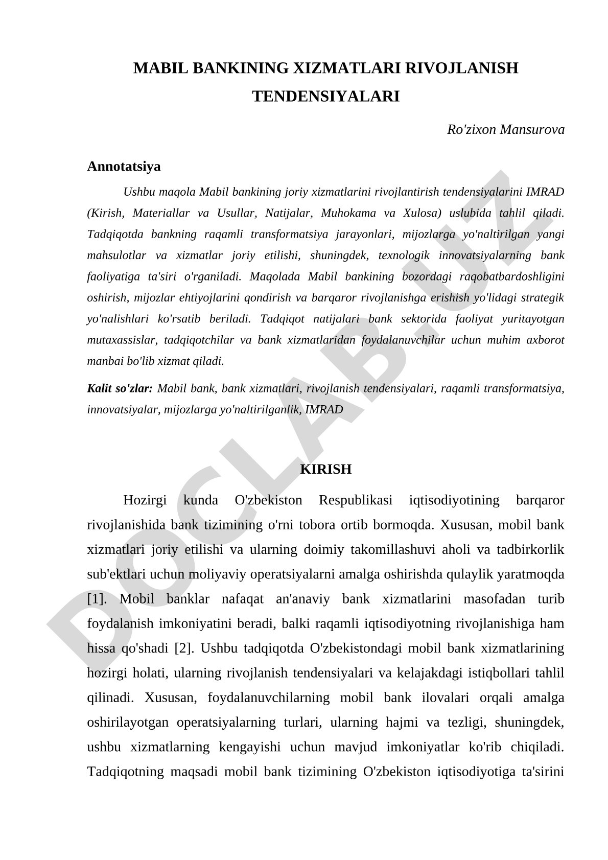 Mabil bankining xizmatlari rivojlanish tendensiyalari
