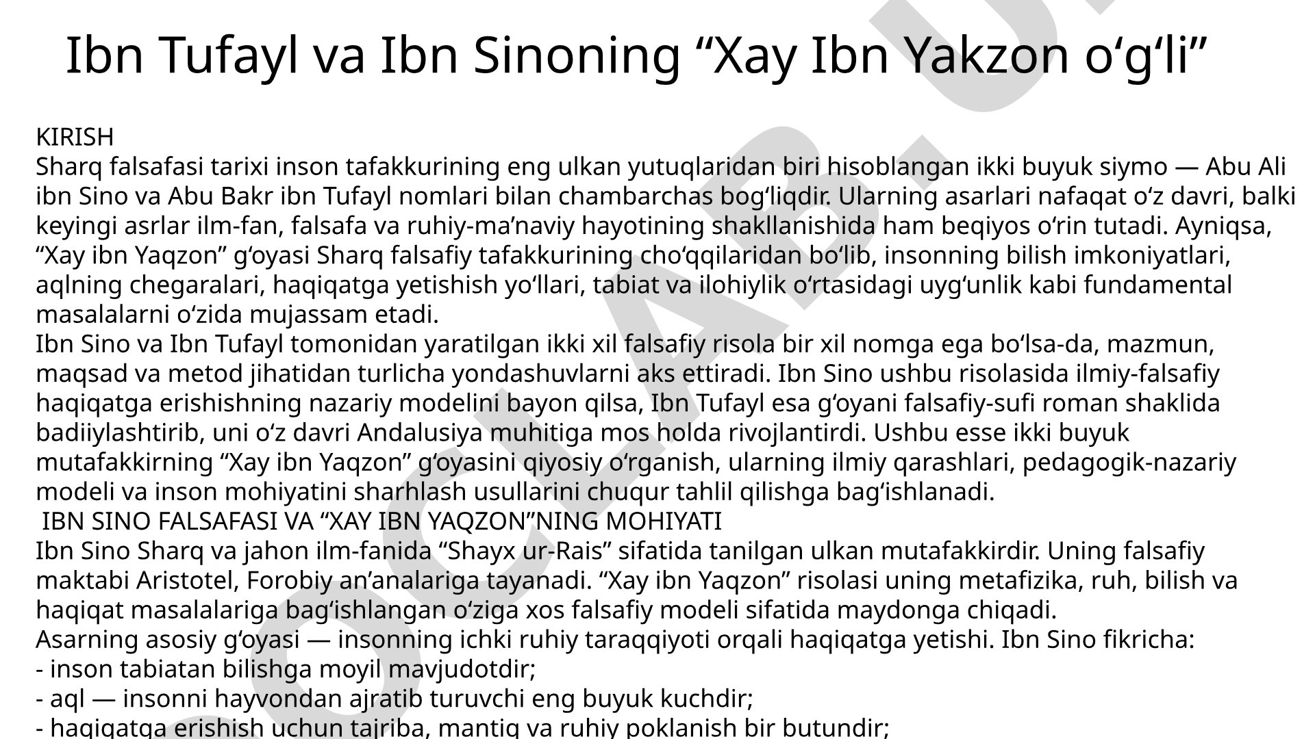 Ibn Tufayl va Ibn Sinoning "Xay Ibn Yakzon o'g'li"