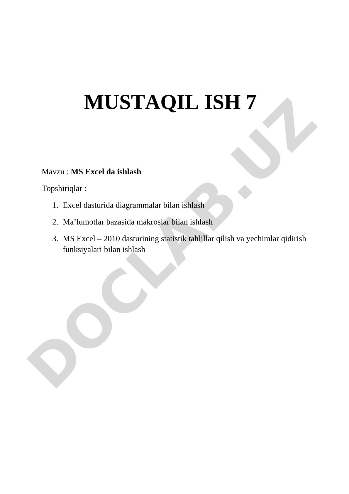 MS Excel da ishlash