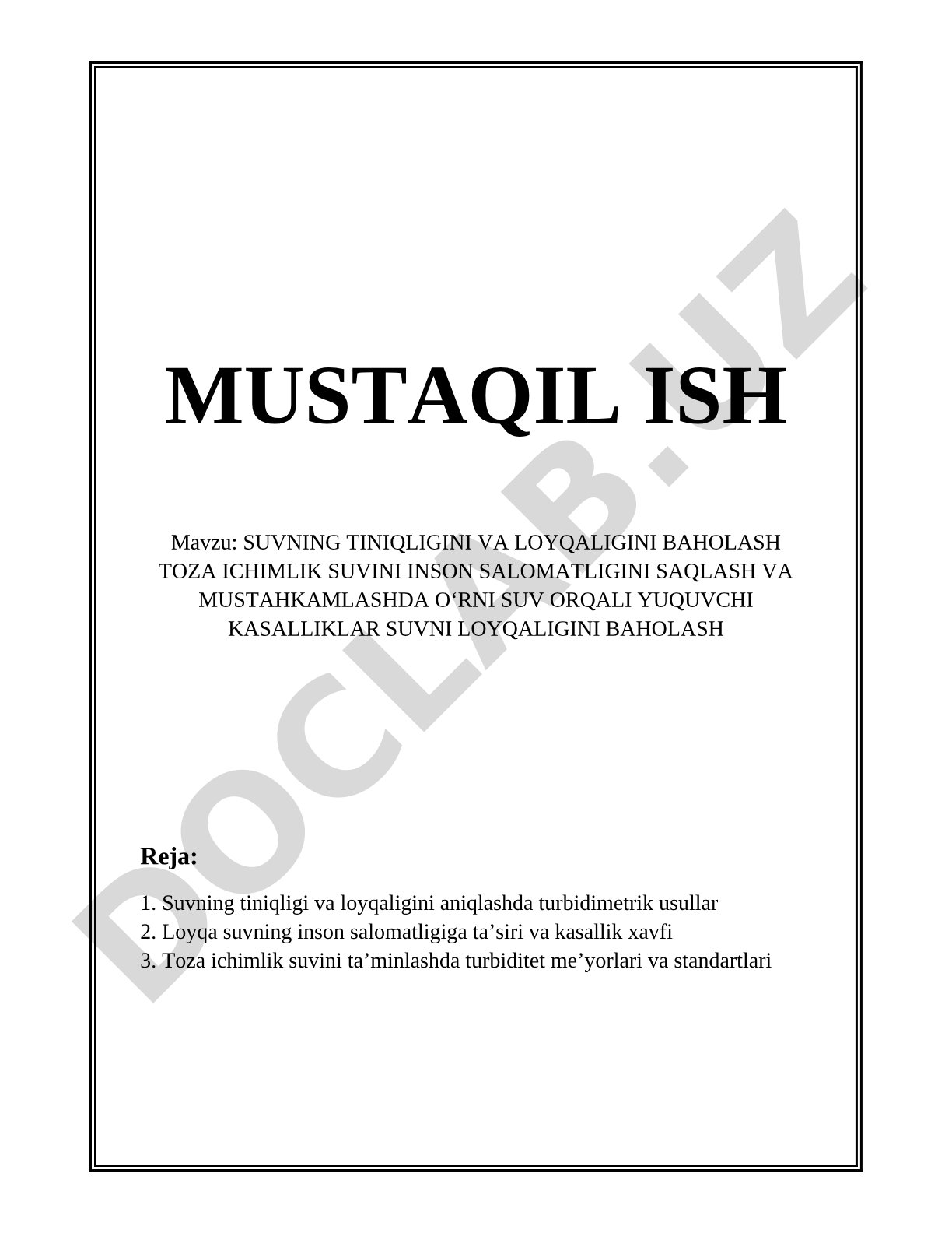 Suvning tiniqligini va loyqaligini baholash