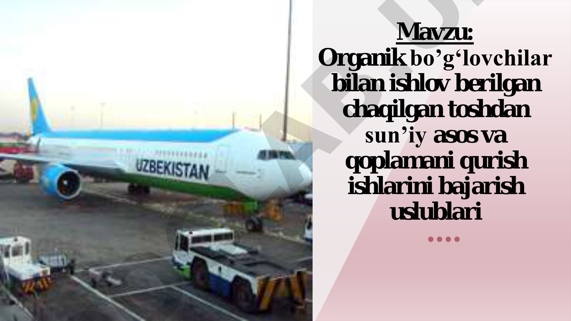 Organik bo‘g‘lovchilar bilan ishlov berilgan chaqilgan toshdan sun’iy asos va qoplamani qurish ishlarini bajarish uslublari