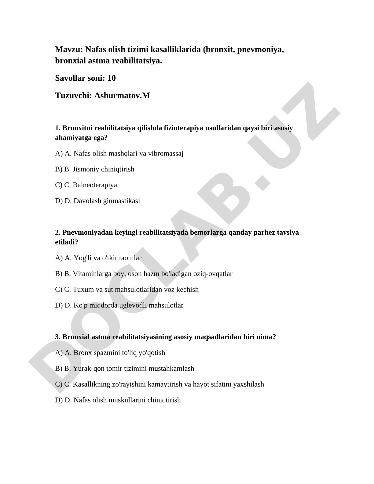 Nafas olish tizimi kasalliklarida (bronxit, pnevmoniya, bronxial astma) reabilitatsiya