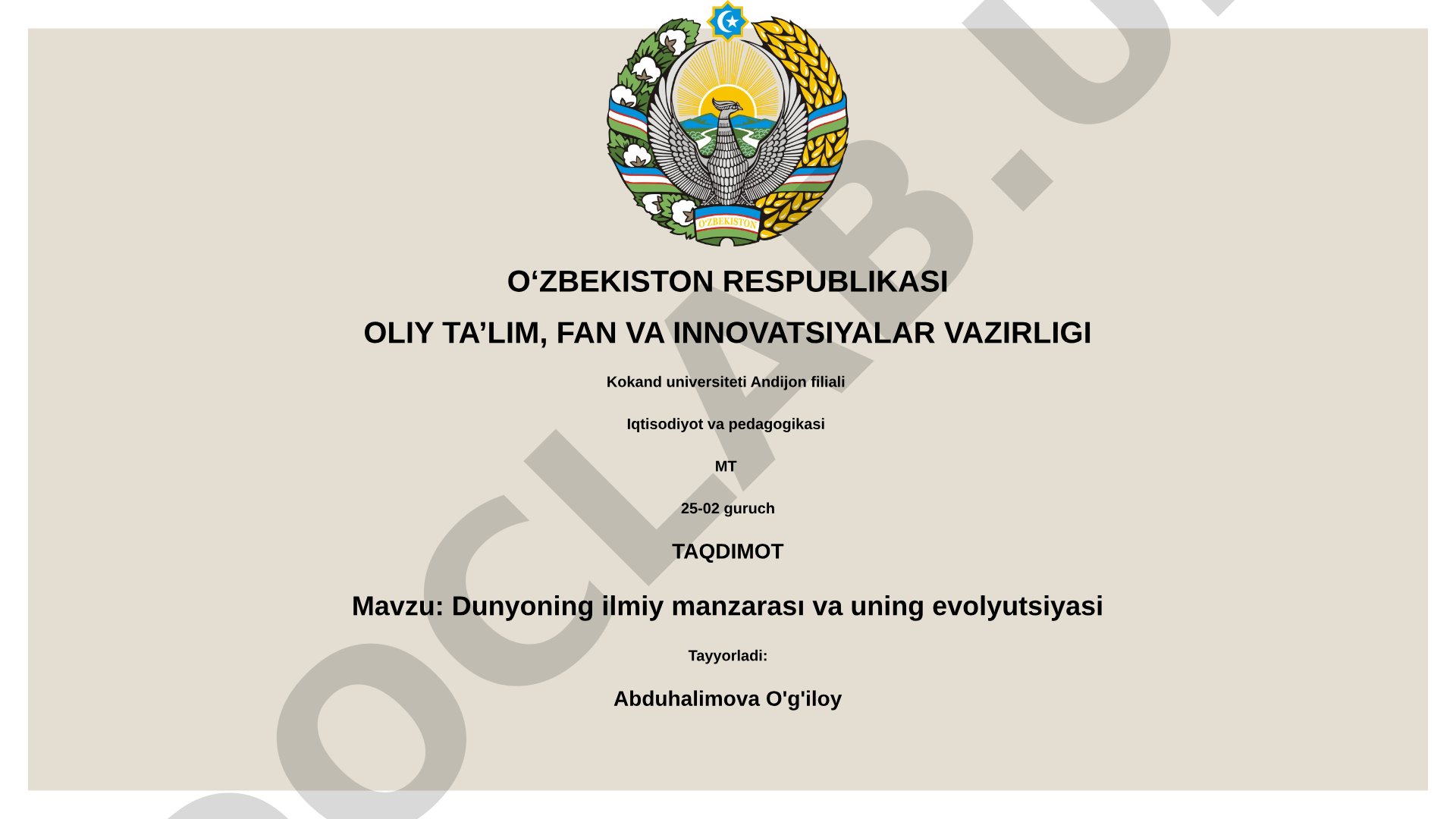 Dunyoning ilmiy manzarasi va uning evolyutsiyasi