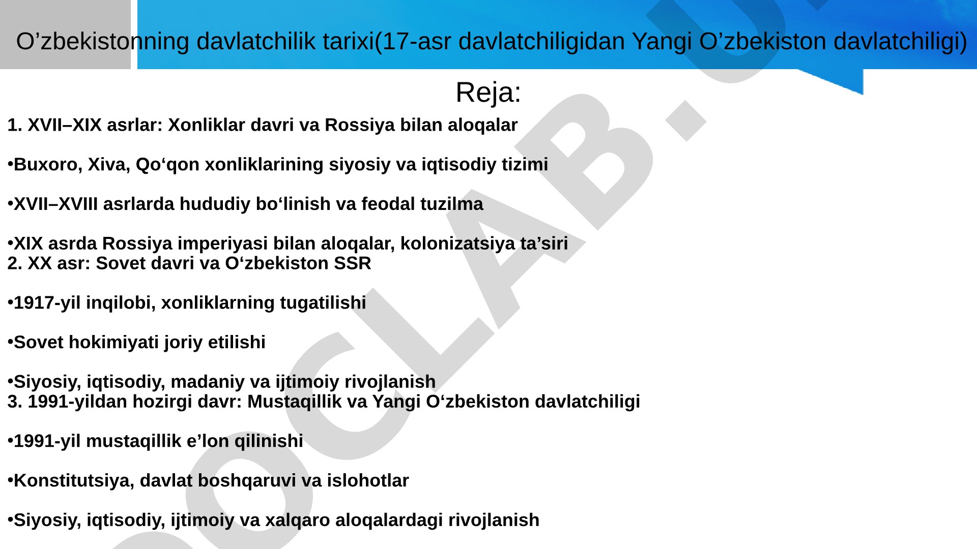O'zbekistonning davlatchilik tarixi (17-asr davlatchiligidan Yangi O'zbekiston davlatchiligi)