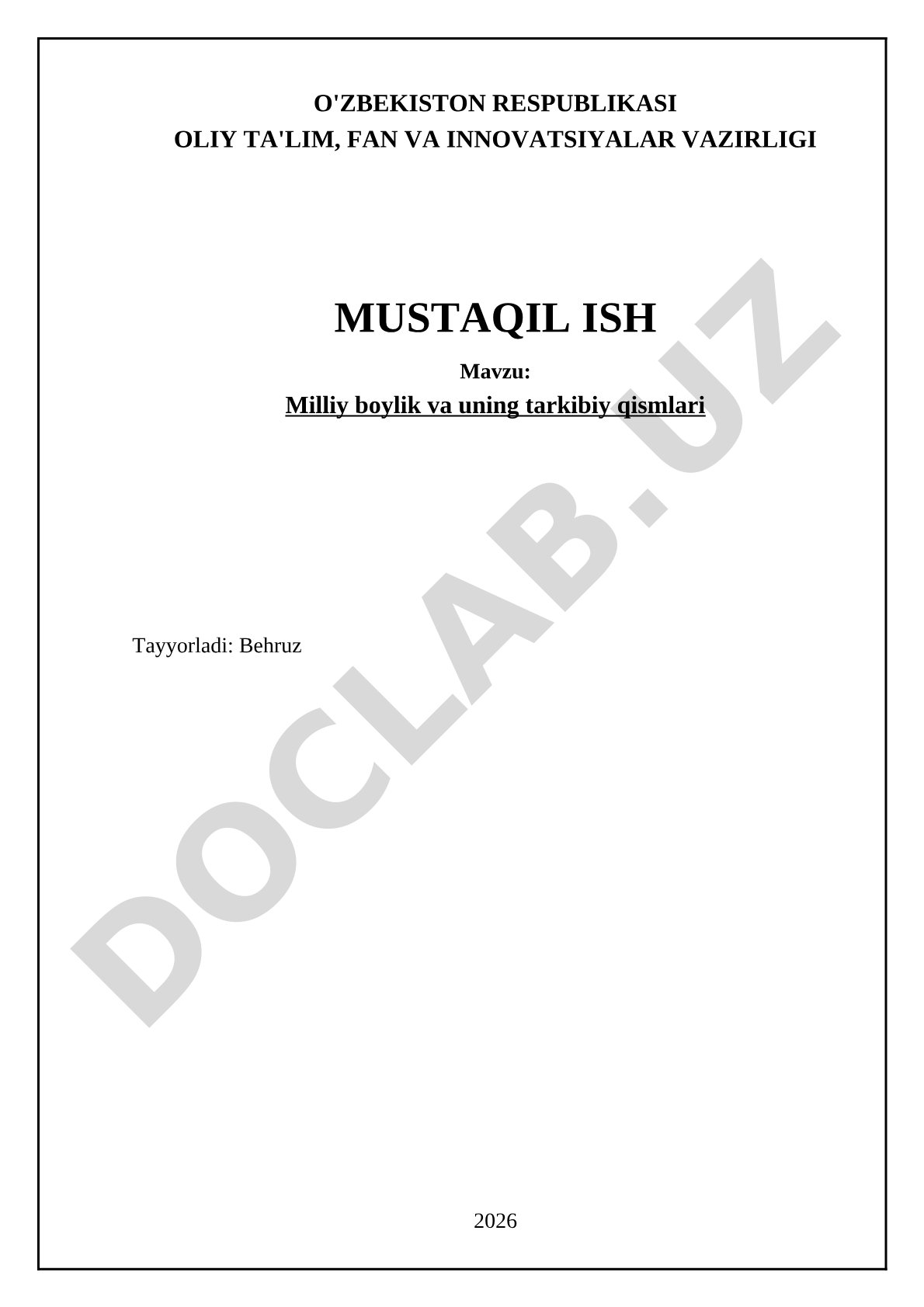 Milliy boylik va uning tarkibiy qismlari
