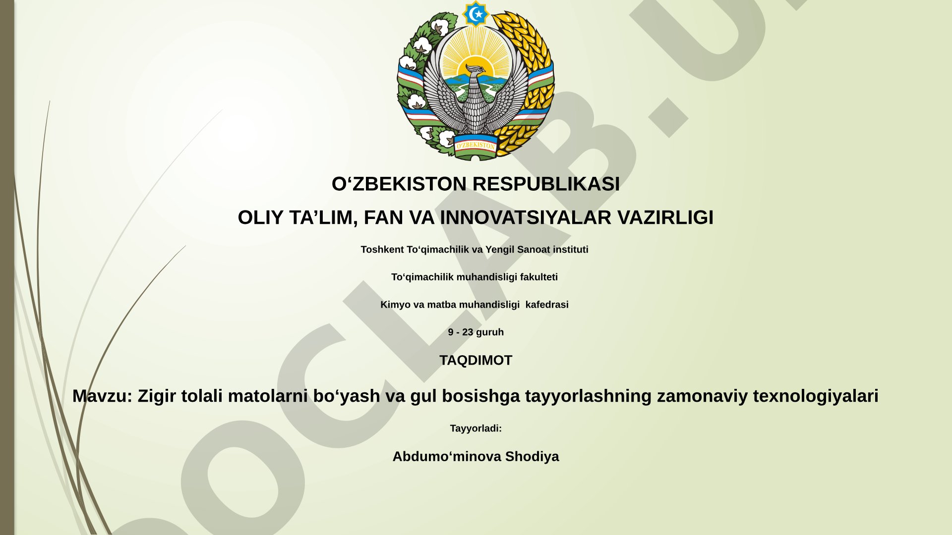 Zigir tolali matolarni bo'yash va gul bosishga tayyorlashning zamonaviy texnologiyalari