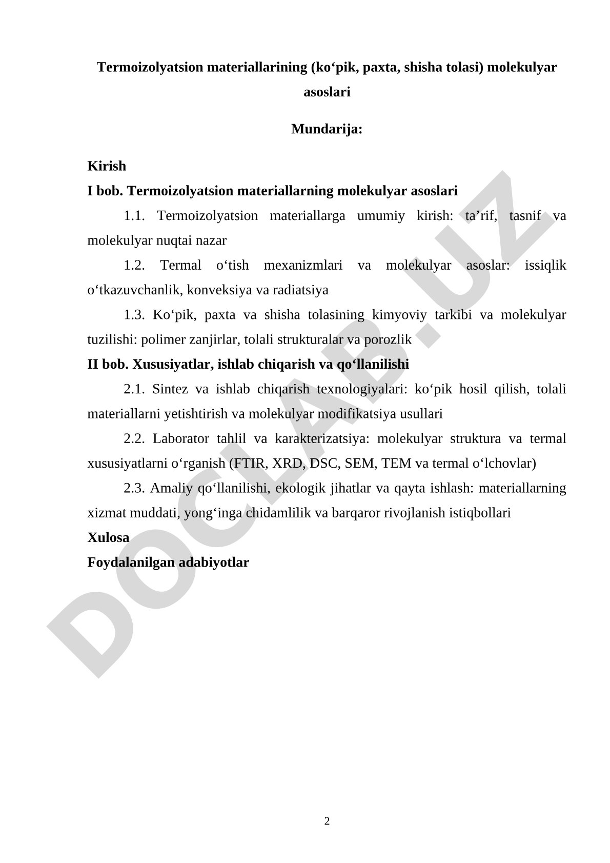 Termoizolyatsion materiallarining molekulyar asoslari