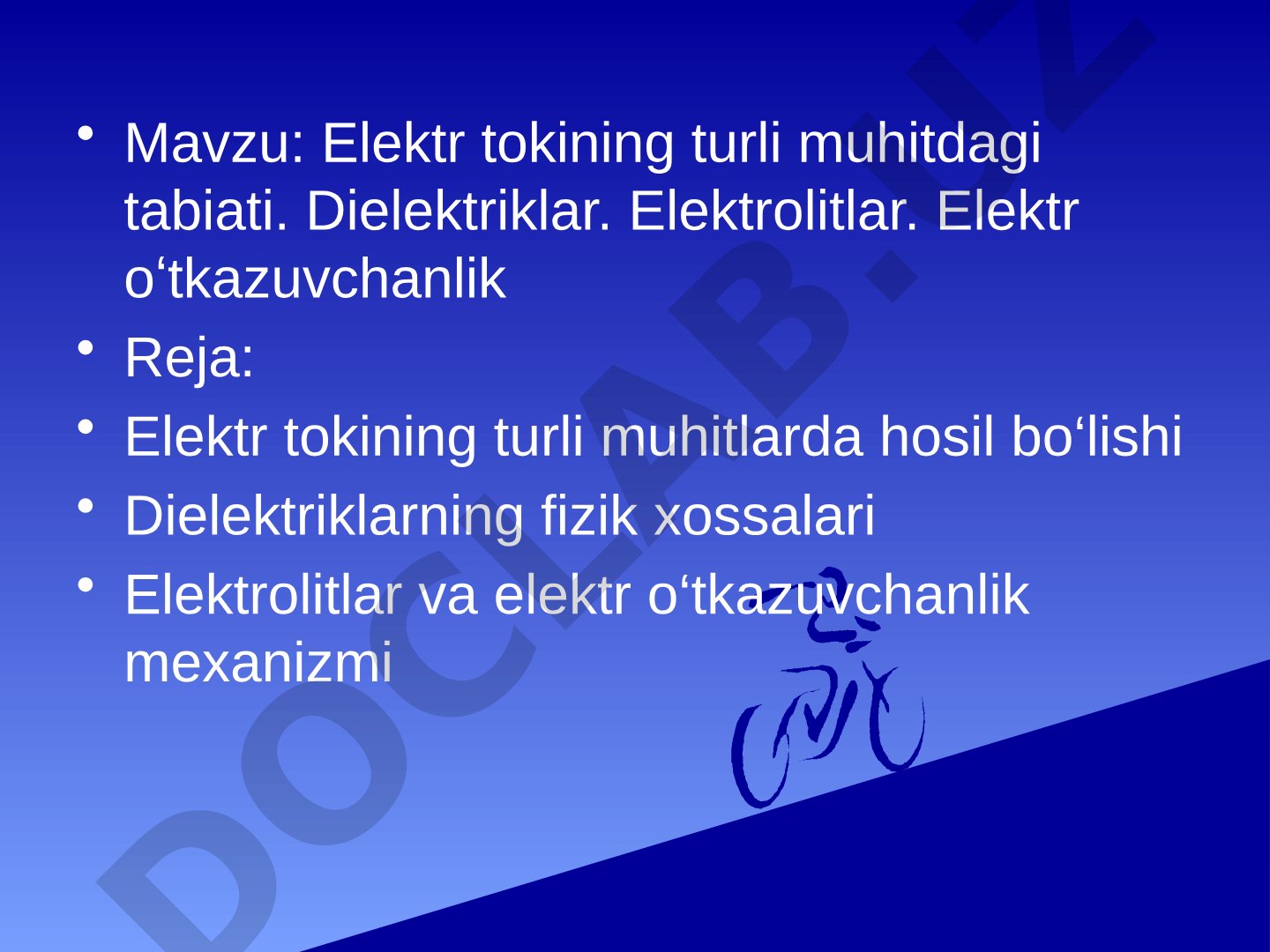 Elektr tokining turli muhitdagi tabiati. Dielektriklar. Elektrolitlar. Elektr o'tkazuvchanlik