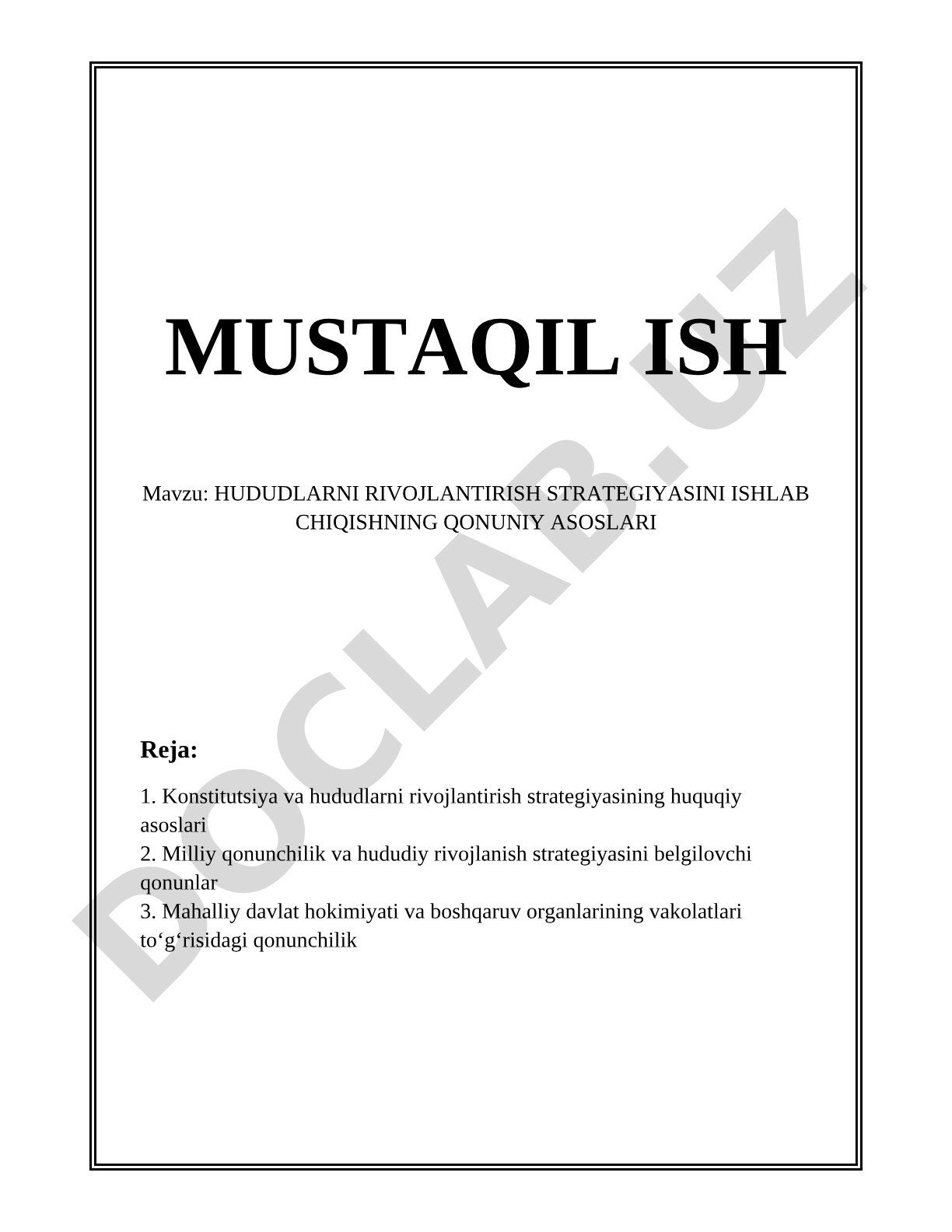 HUDUDLARNI RIVOJLANTIRISH STRATEGIYASINI ISHLAB CHIQISHNING QONUNIY ASOSLARI