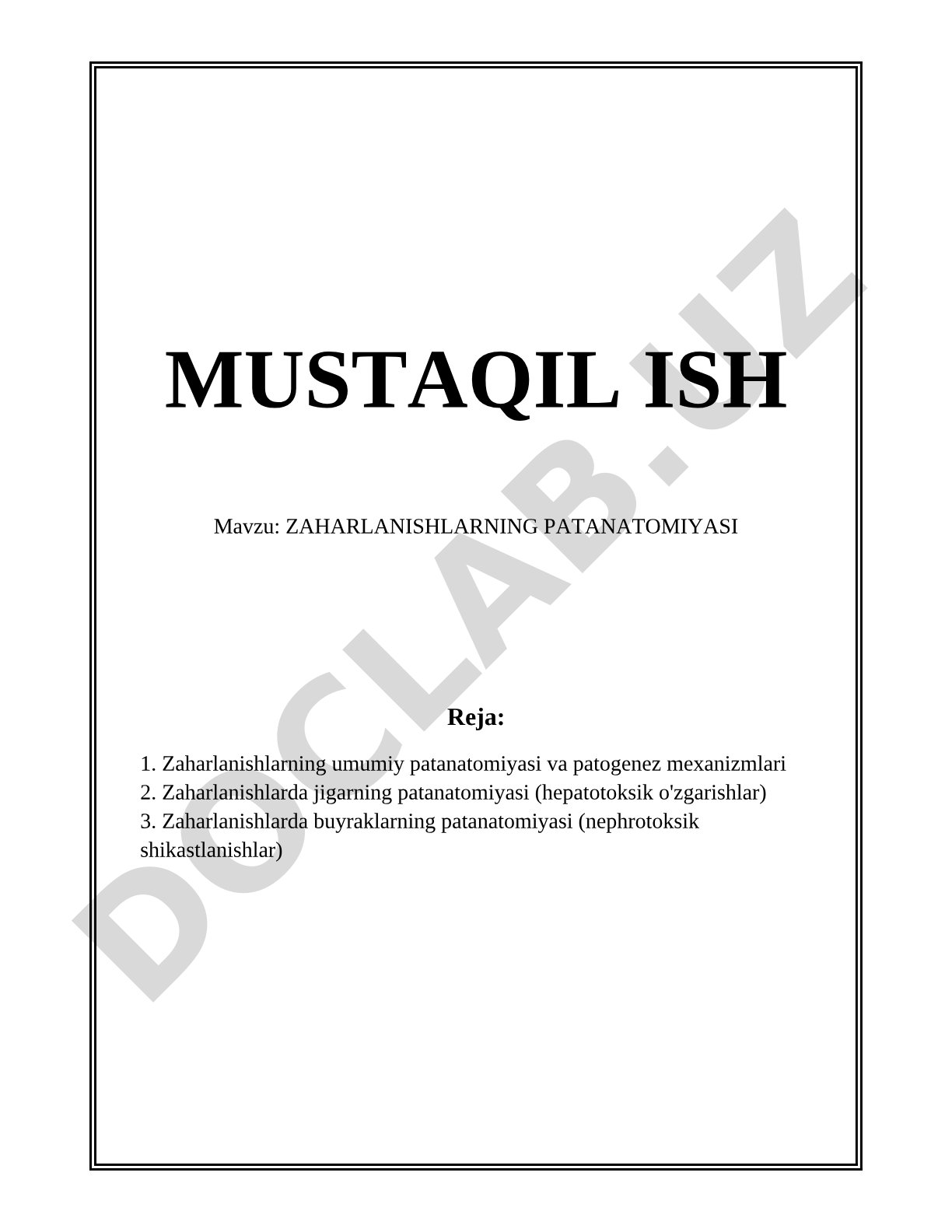 ZAHARLANISHLARNING PATANATOMIYASI