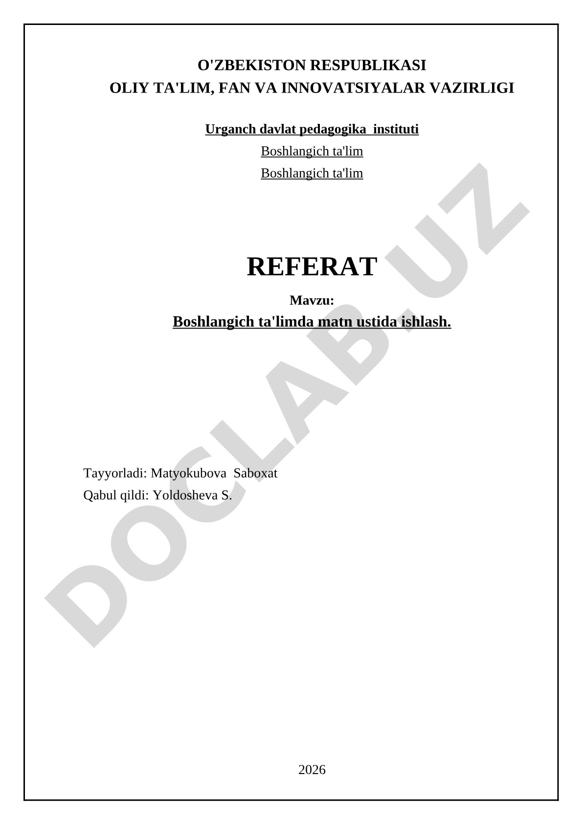Boshlang'ich ta'limda matn ustida ishlash