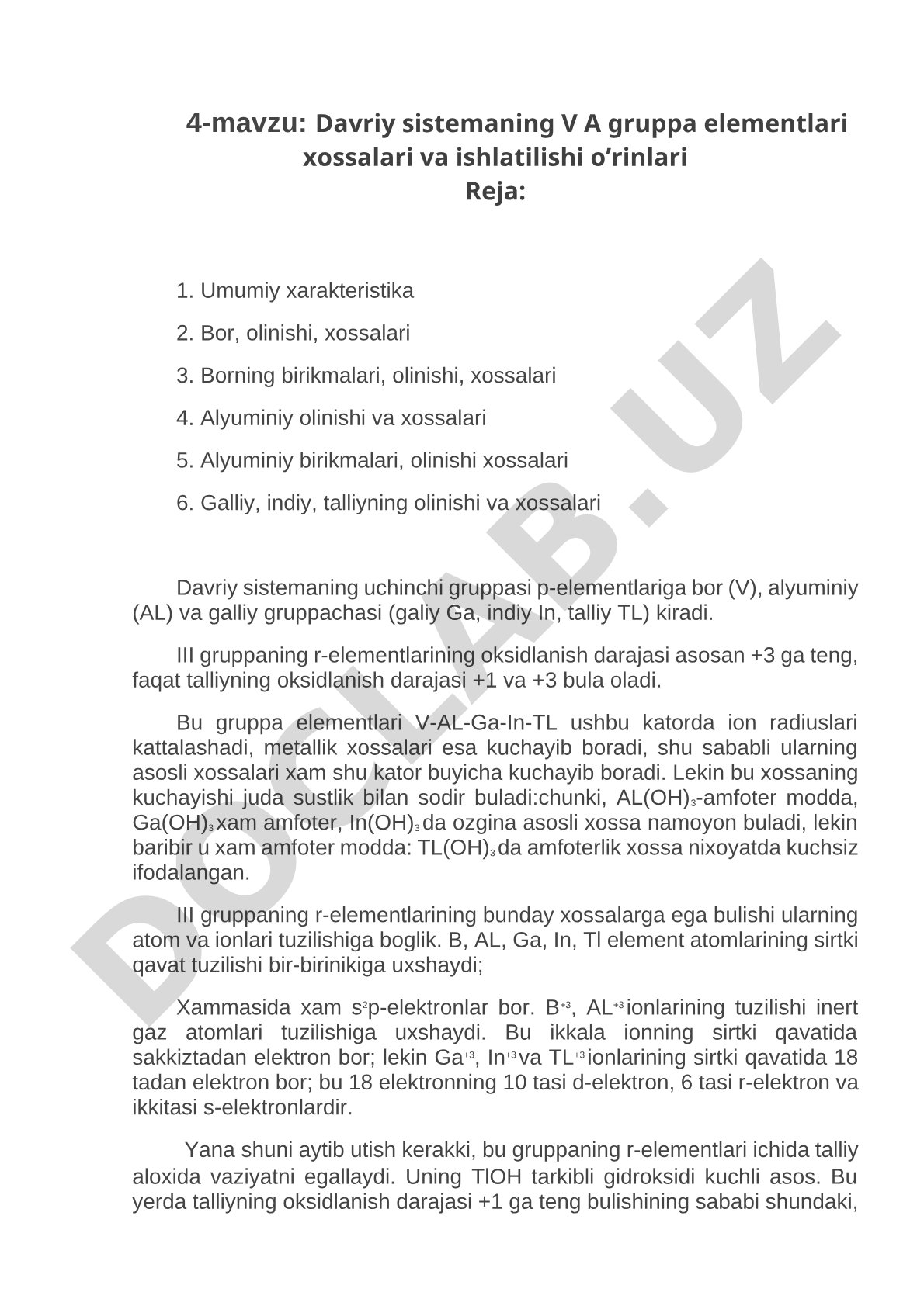 Davriy sistemaning V A gruppa elementlari xossalari va ishlatilishi o'rinlari