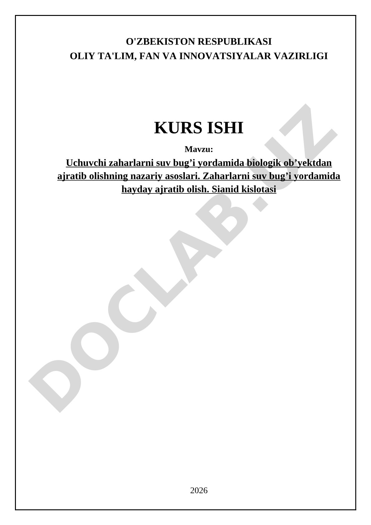 Uchuvchi zaharlarni suv bug'i yordamida biologik ob'ektdan ajratib olishning nazariy asoslari