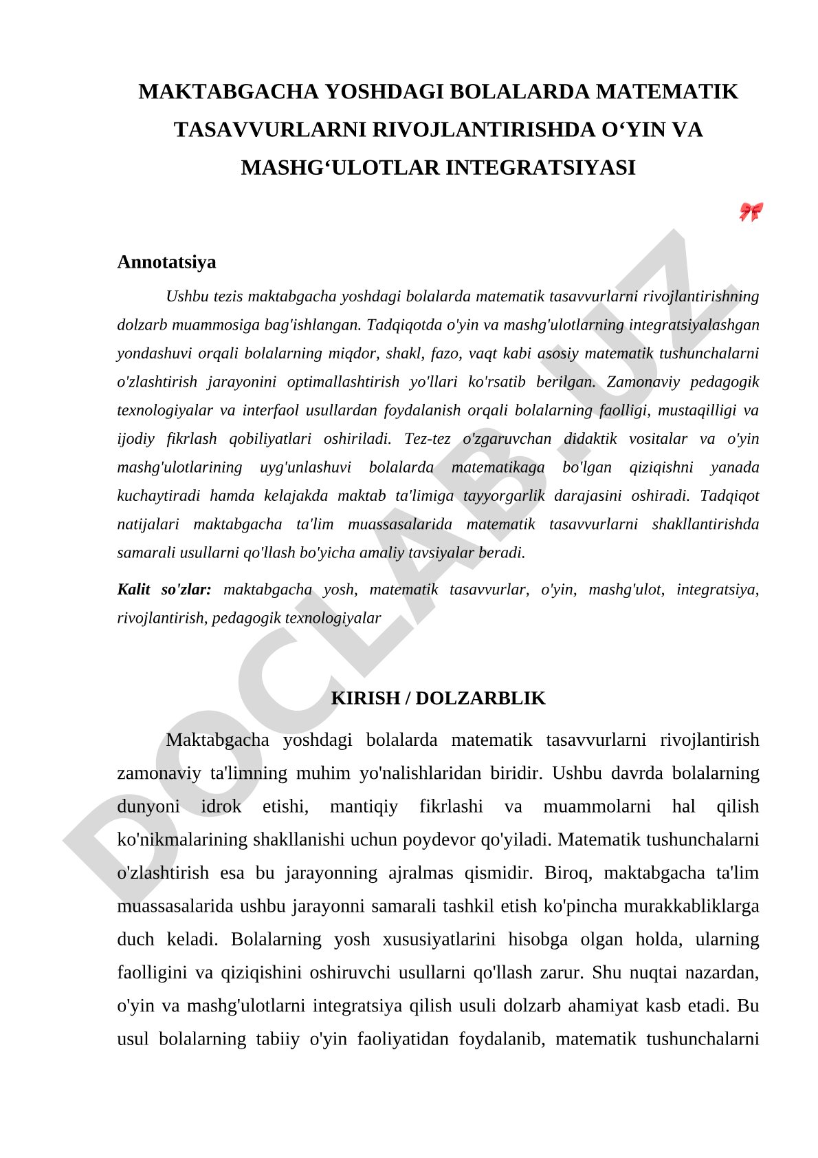 Maktabgacha yoshdagi bolalarda matematik tasavvurlarni rivojlantirishda o'yin va mashg'ulotlar integratsiyasi